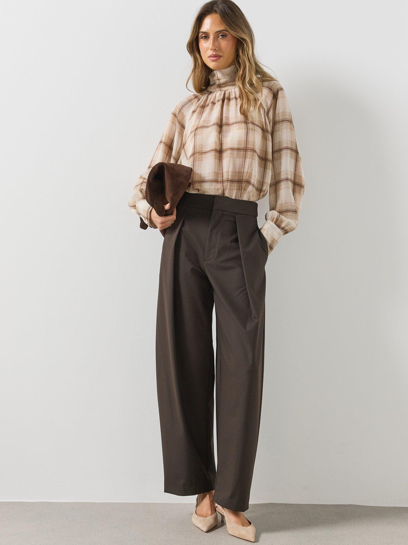 Image 3 of 6 of Mango Womens Celia Wide Leg High Rise Pleated Trousers - Brown