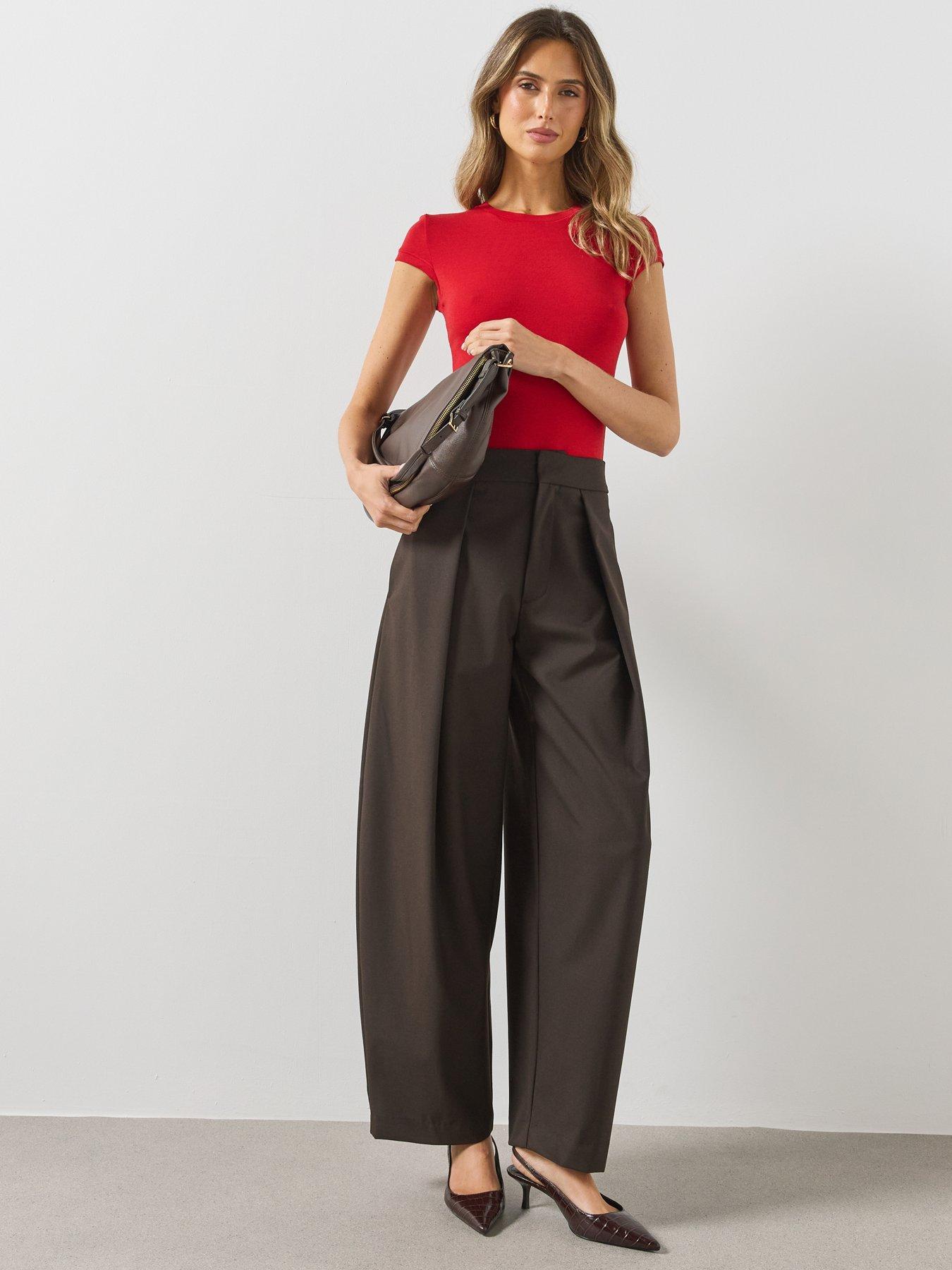 Image 4 of 6 of Mango Womens Celia Wide Leg High Rise Pleated Trousers - Brown