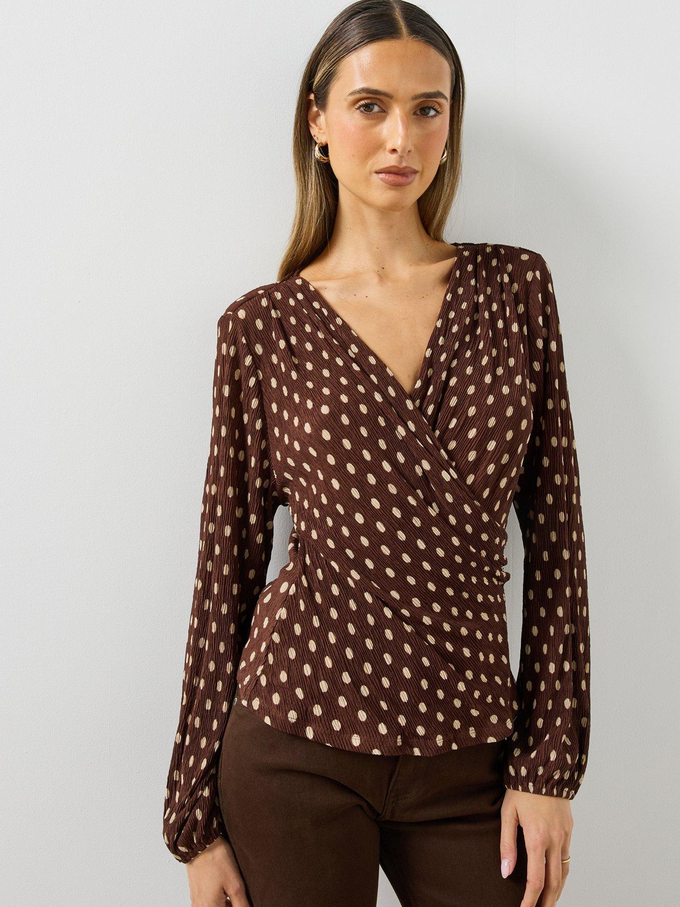 Image 1 of 6 of Mango Polka Dot Wrap Blouse-brown