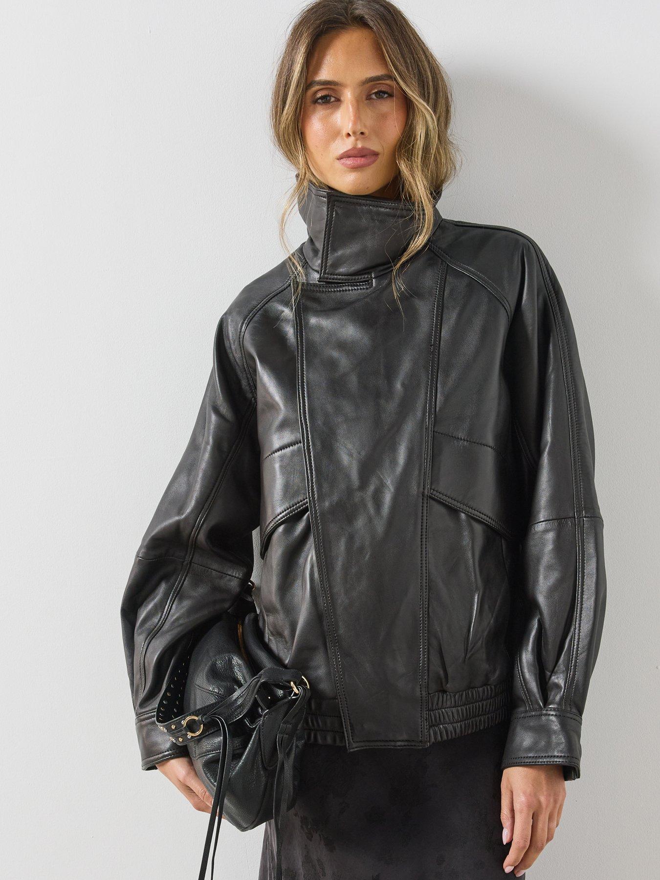Image 1 of 6 of Mango Womens Oversized Funnel Neck Leather Jacket - Dark Brown