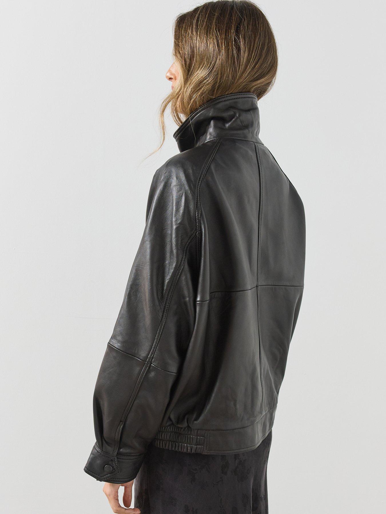 Image 2 of 6 of Mango Womens Oversized Funnel Neck Leather Jacket - Dark Brown