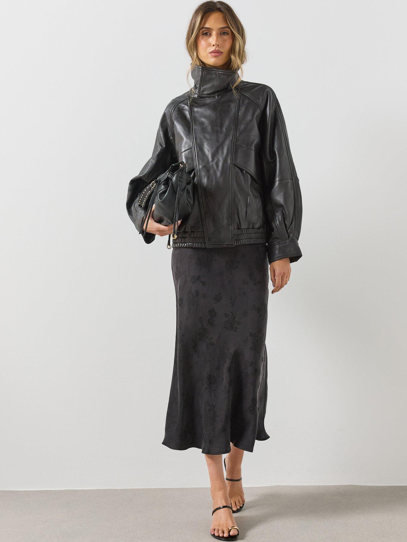 Image 3 of 6 of Mango Womens Oversized Funnel Neck Leather Jacket - Dark Brown