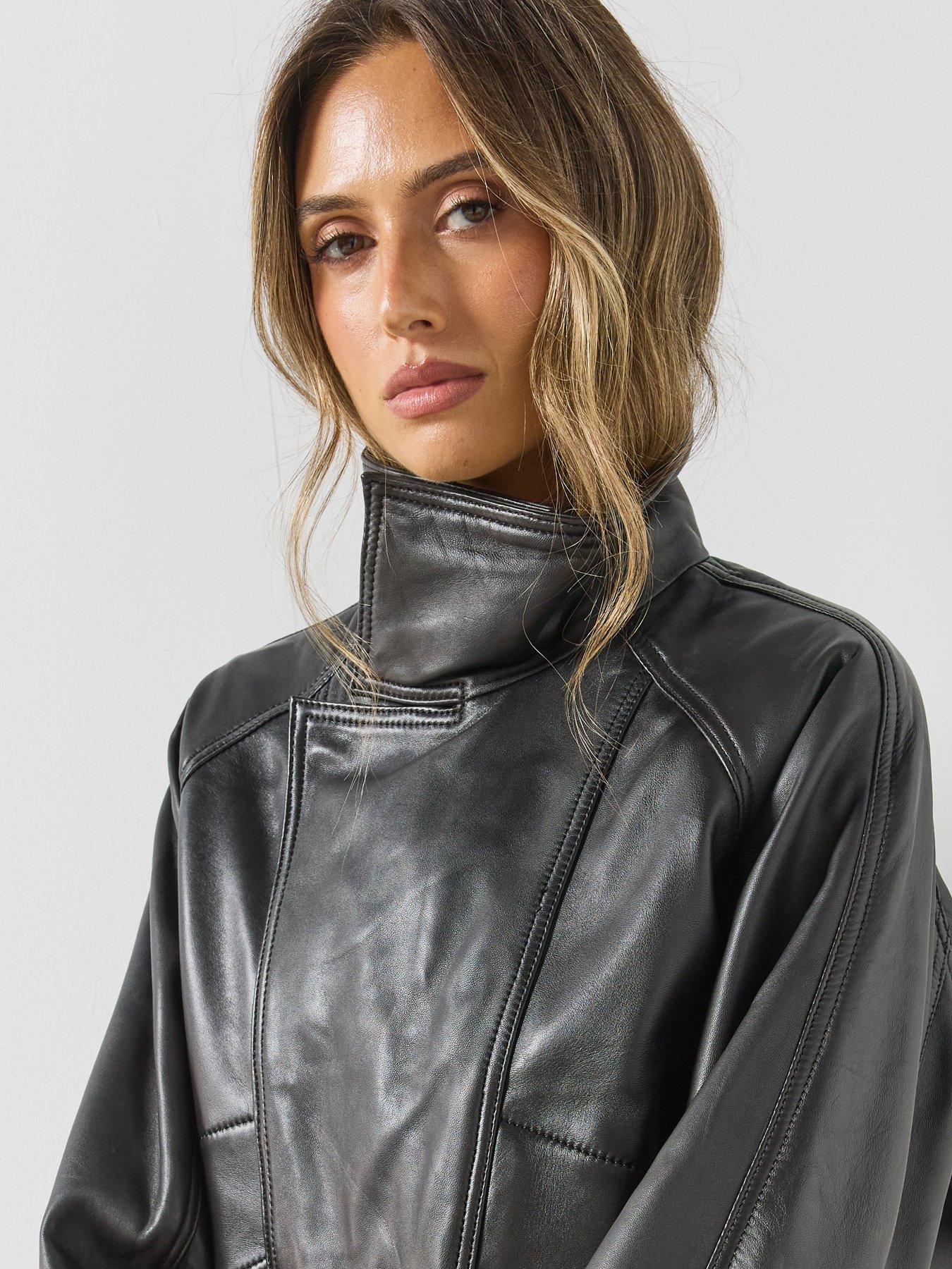 Image 4 of 6 of Mango Womens Oversized Funnel Neck Leather Jacket - Dark Brown
