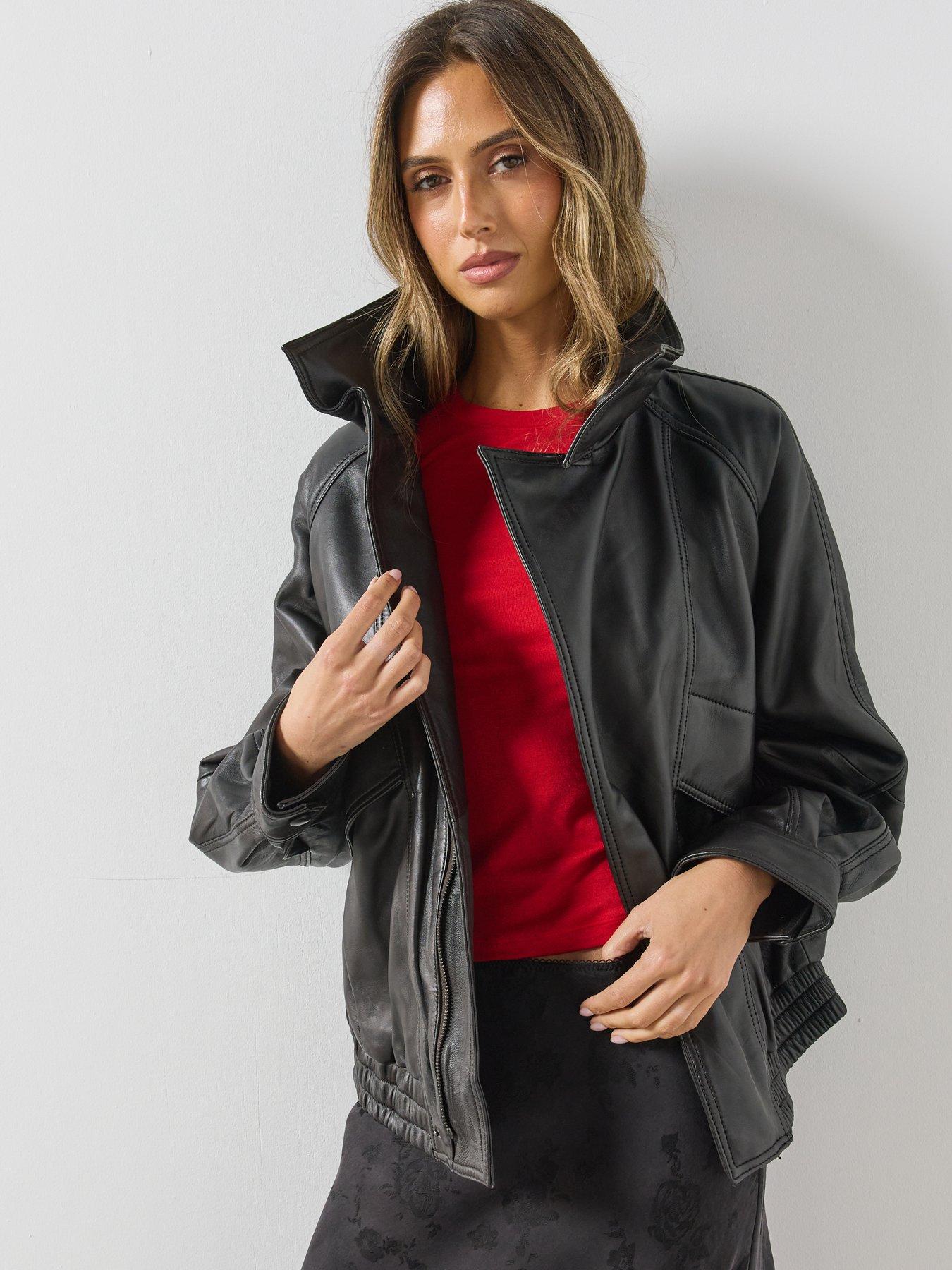Image 5 of 6 of Mango Womens Oversized Funnel Neck Leather Jacket - Dark Brown