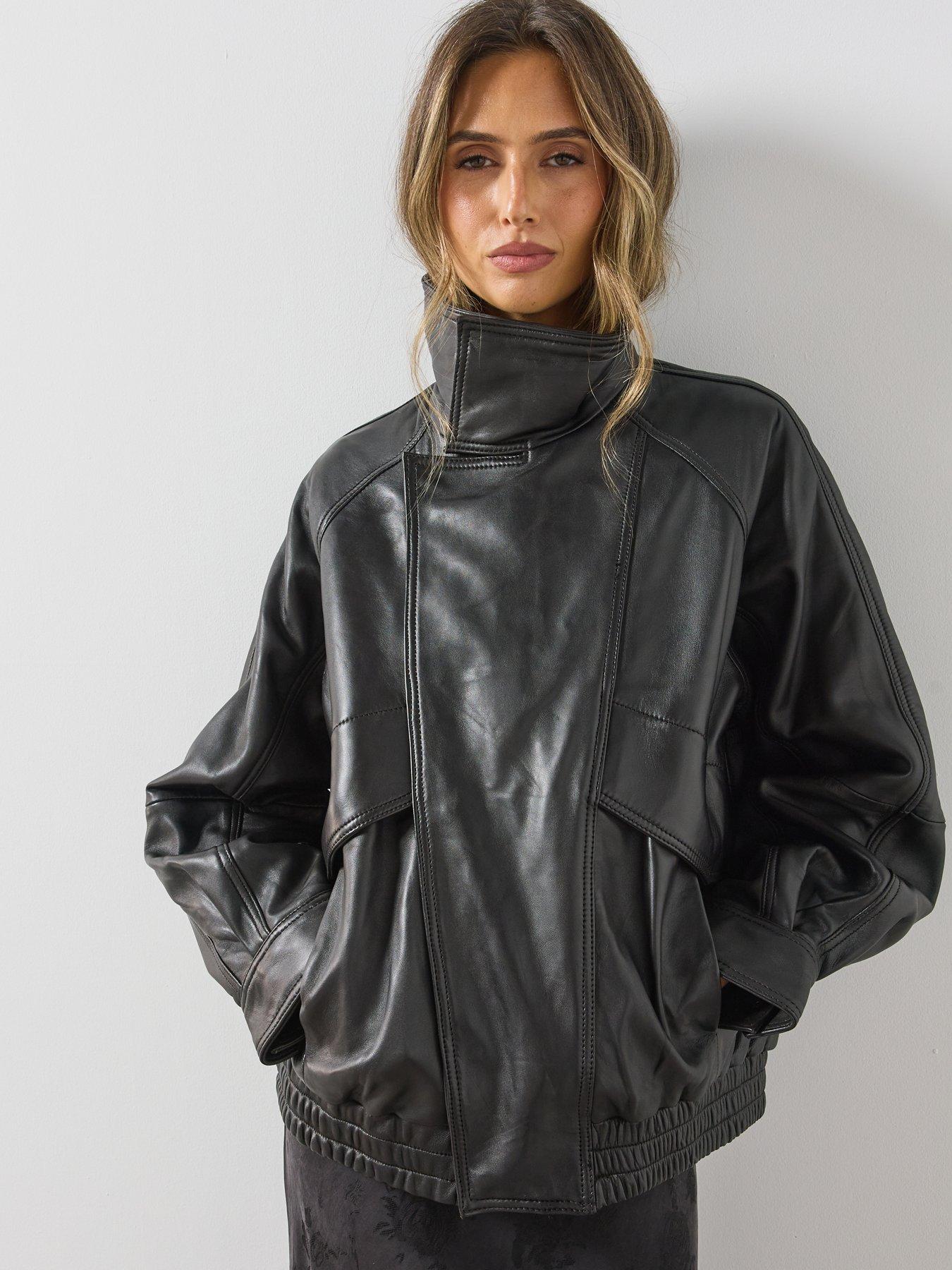 Image 6 of 6 of Mango Womens Oversized Funnel Neck Leather Jacket - Dark Brown
