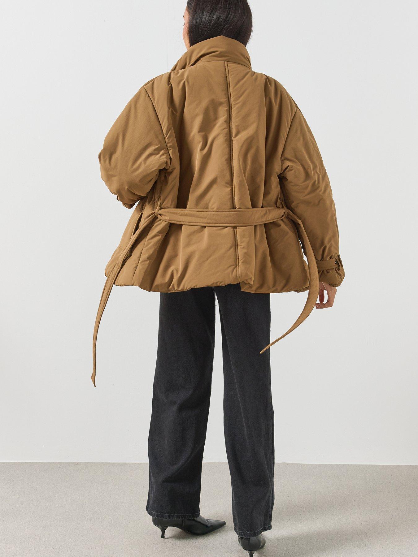 Image 2 of 6 of Mango Tie Waist Funnel Neck Padded Trench - Brown