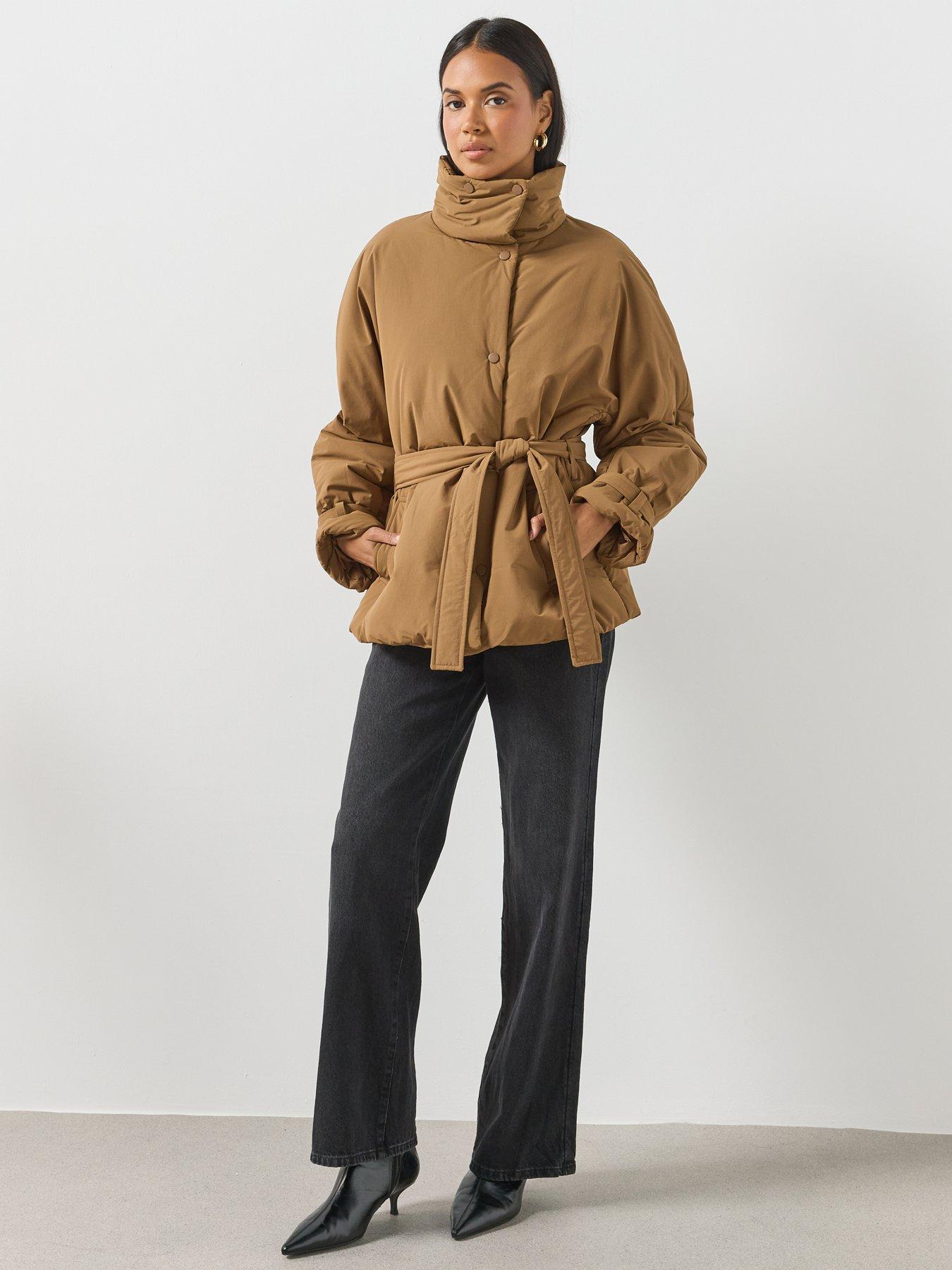 Image 3 of 6 of Mango Tie Waist Funnel Neck Padded Trench - Brown