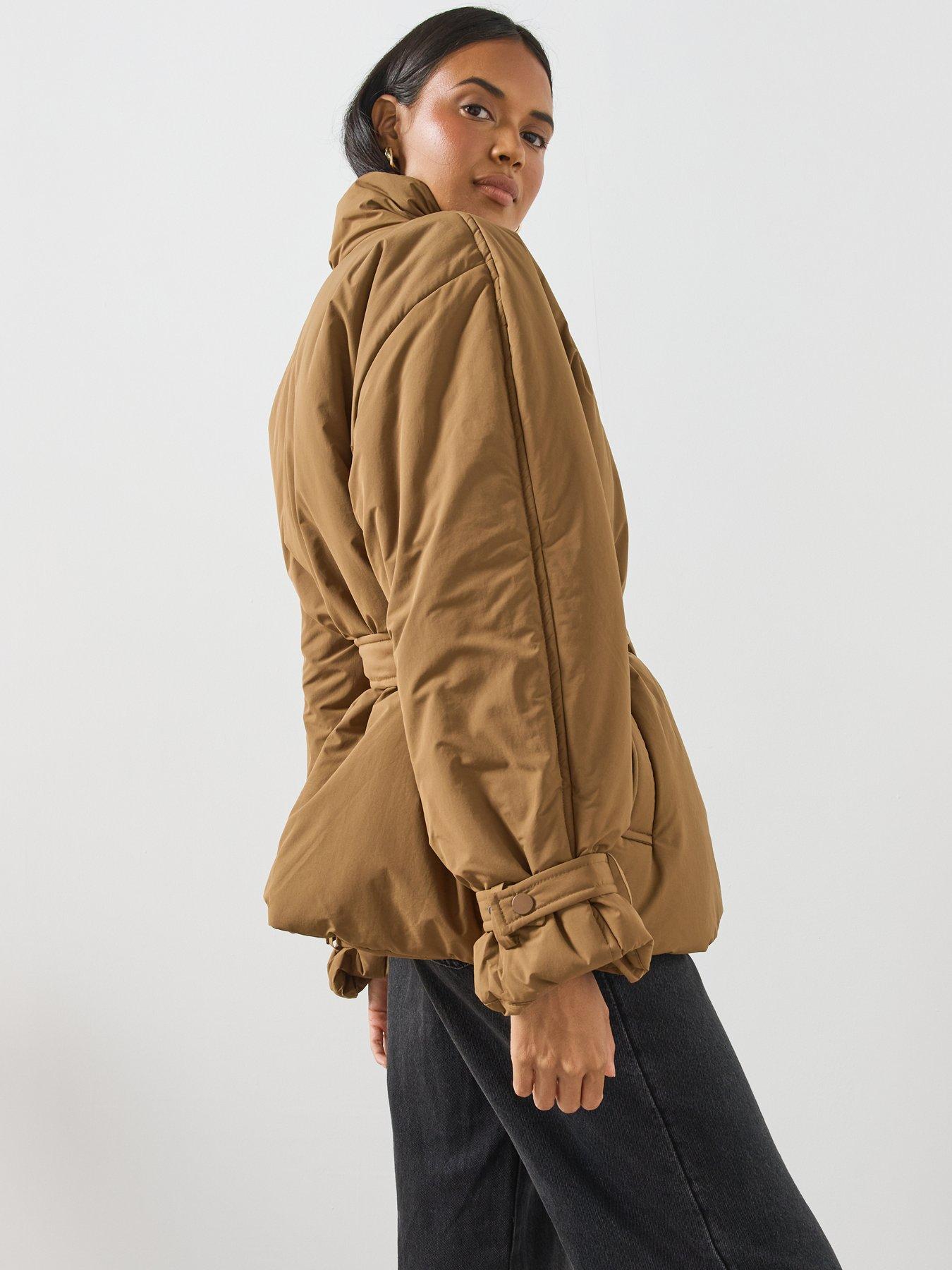 Image 4 of 6 of Mango Tie Waist Funnel Neck Padded Trench - Brown