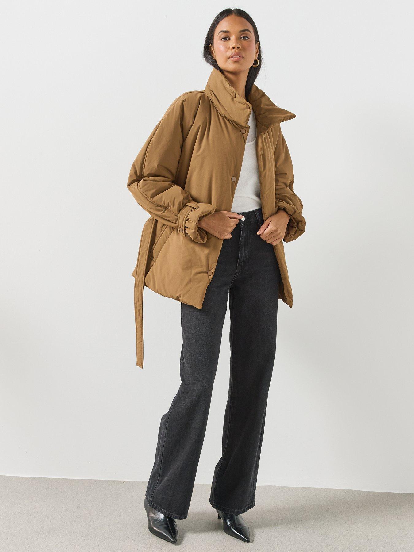 Image 5 of 6 of Mango Tie Waist Funnel Neck Padded Trench - Brown