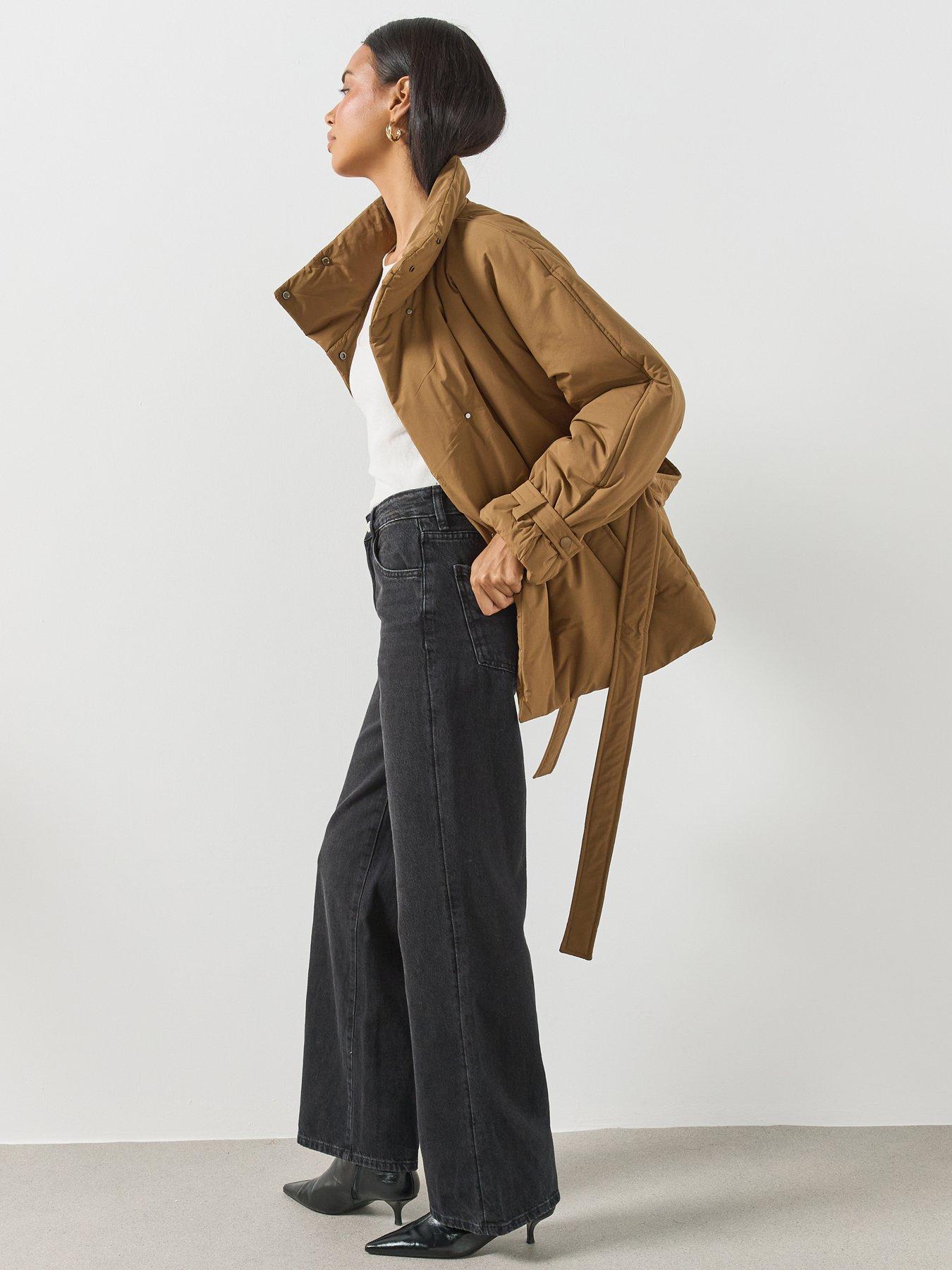 Image 6 of 6 of Mango Tie Waist Funnel Neck Padded Trench - Brown