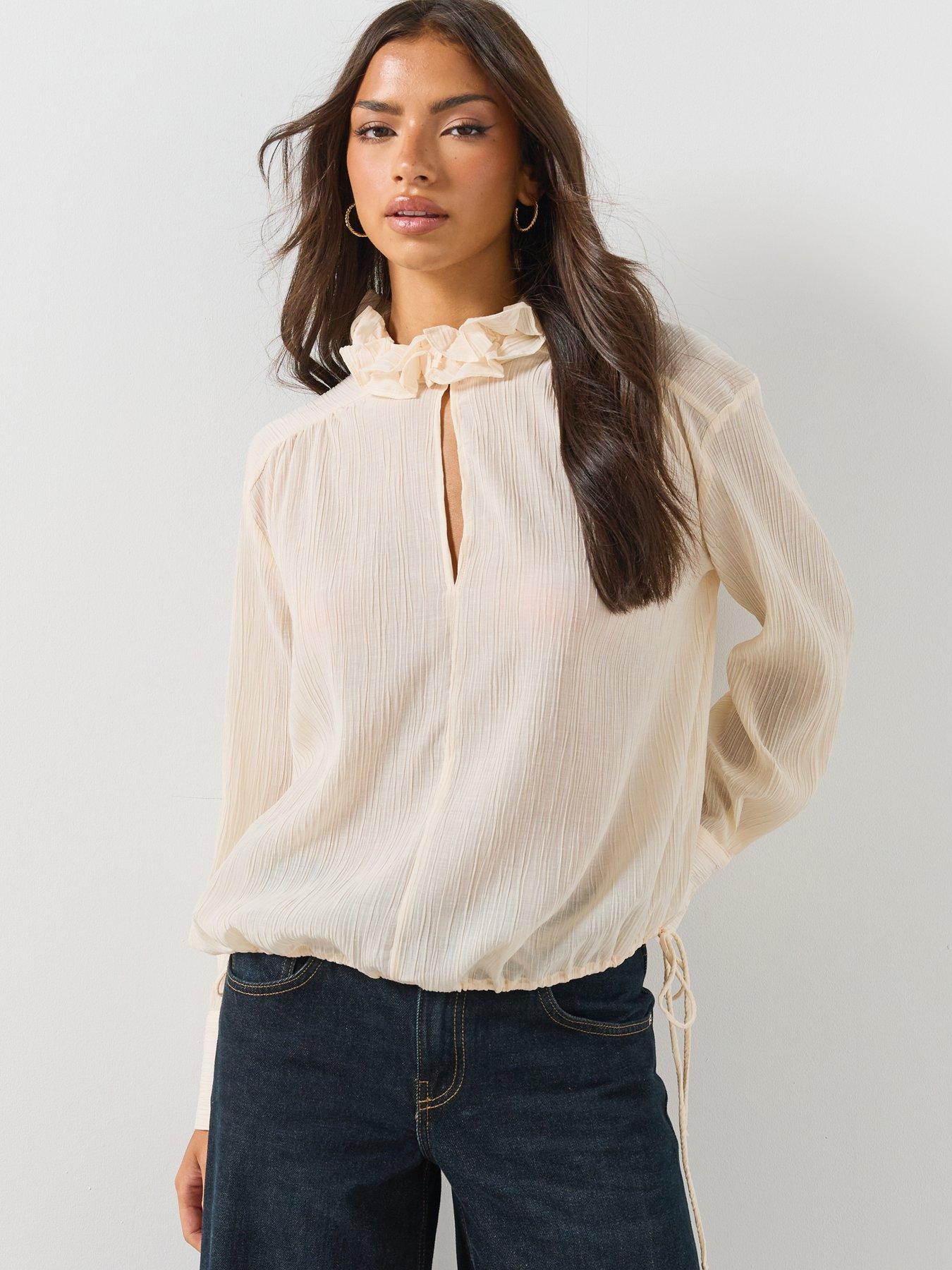 Image 1 of 6 of Mango Womens Ruffle High Neck Keyhole Long Sleeve Blouse - Ecru
