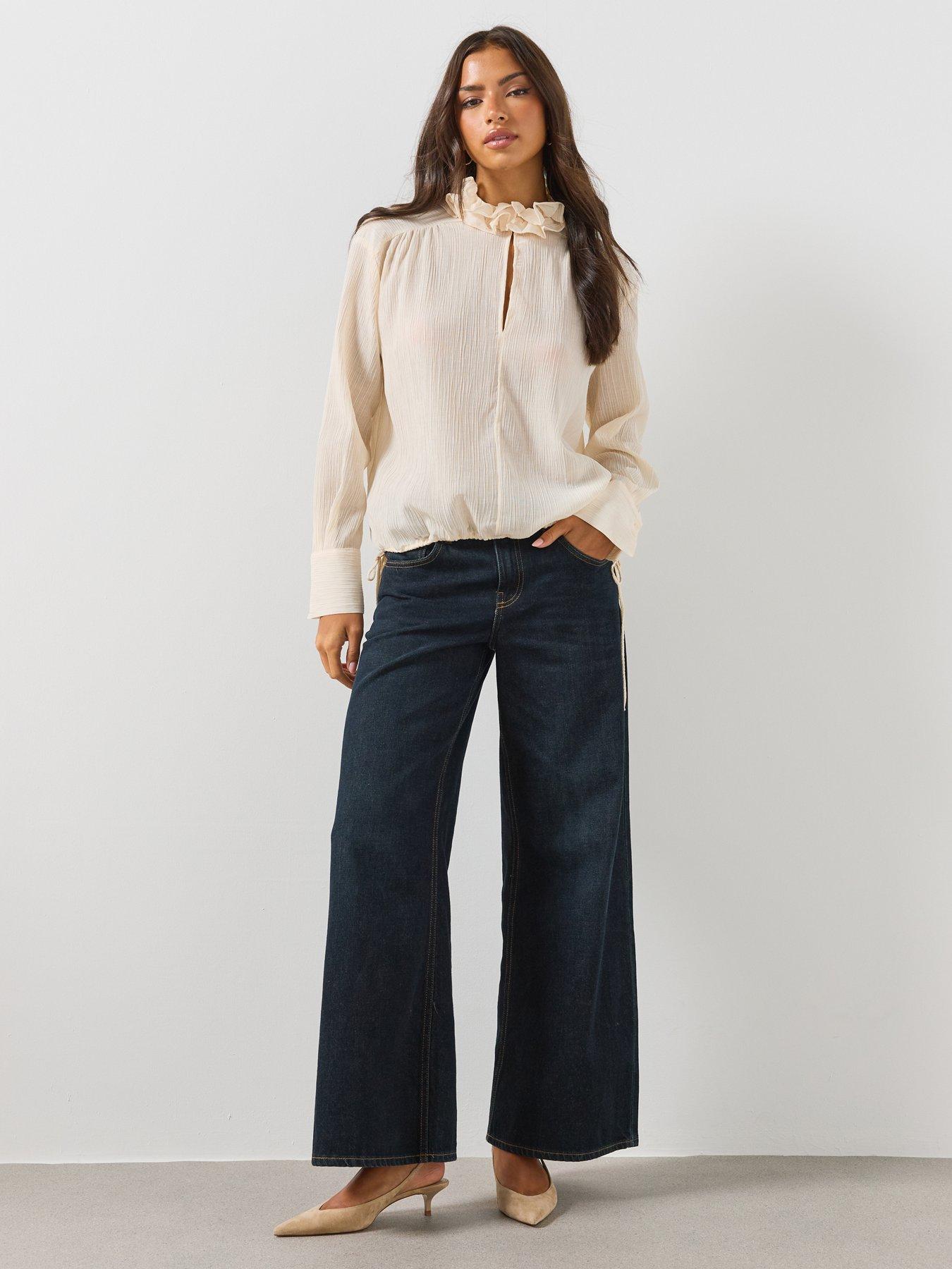Image 3 of 6 of Mango Womens Ruffle High Neck Keyhole Long Sleeve Blouse - Ecru