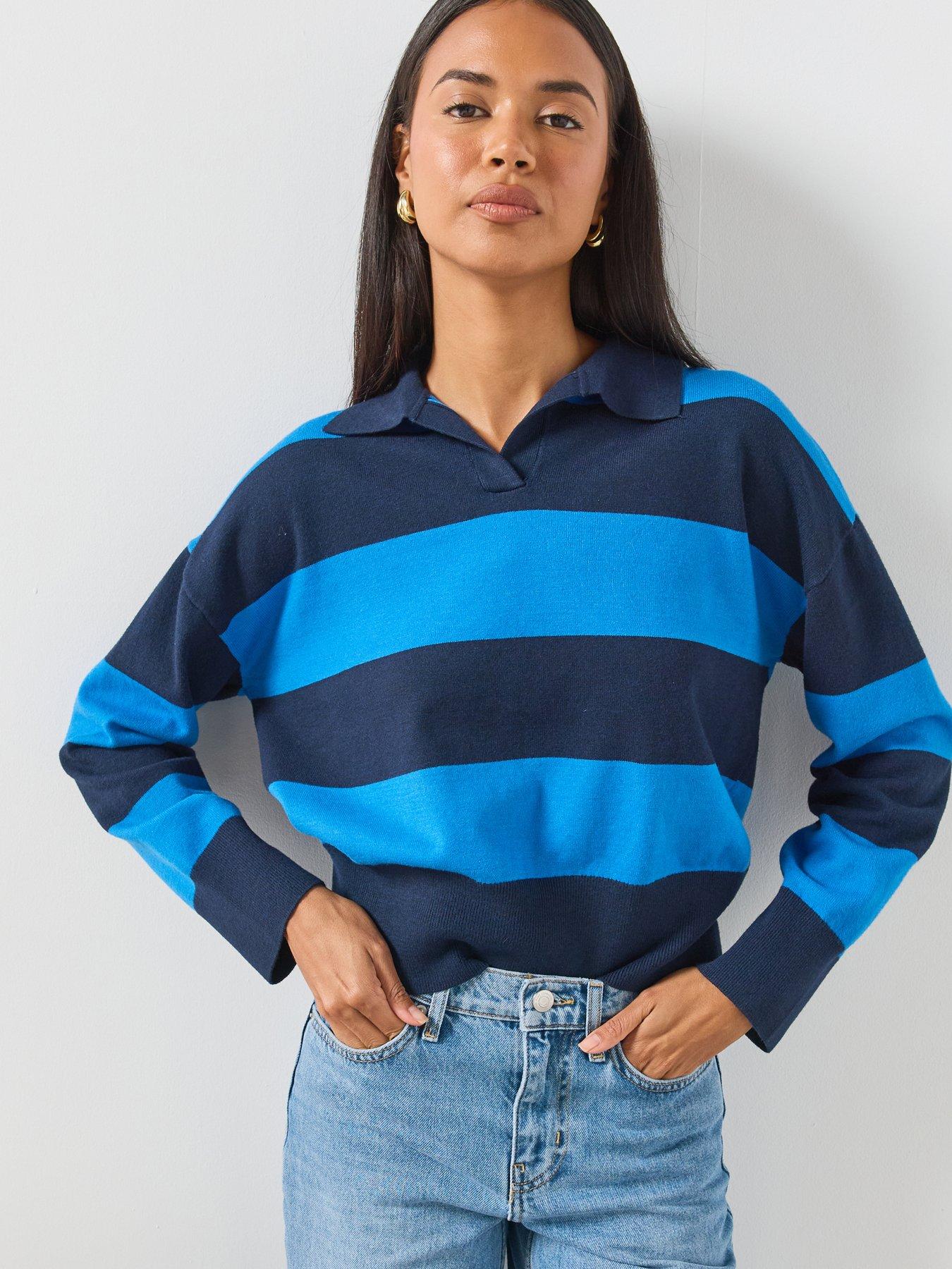 Image 1 of 6 of Mango Striped Polo Neck Sweater - Navy