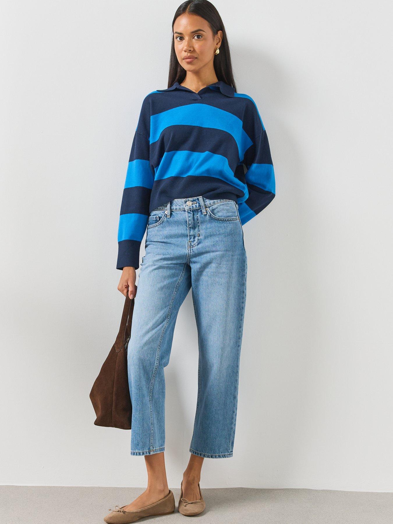 Image 3 of 6 of Mango Striped Polo Neck Sweater - Navy