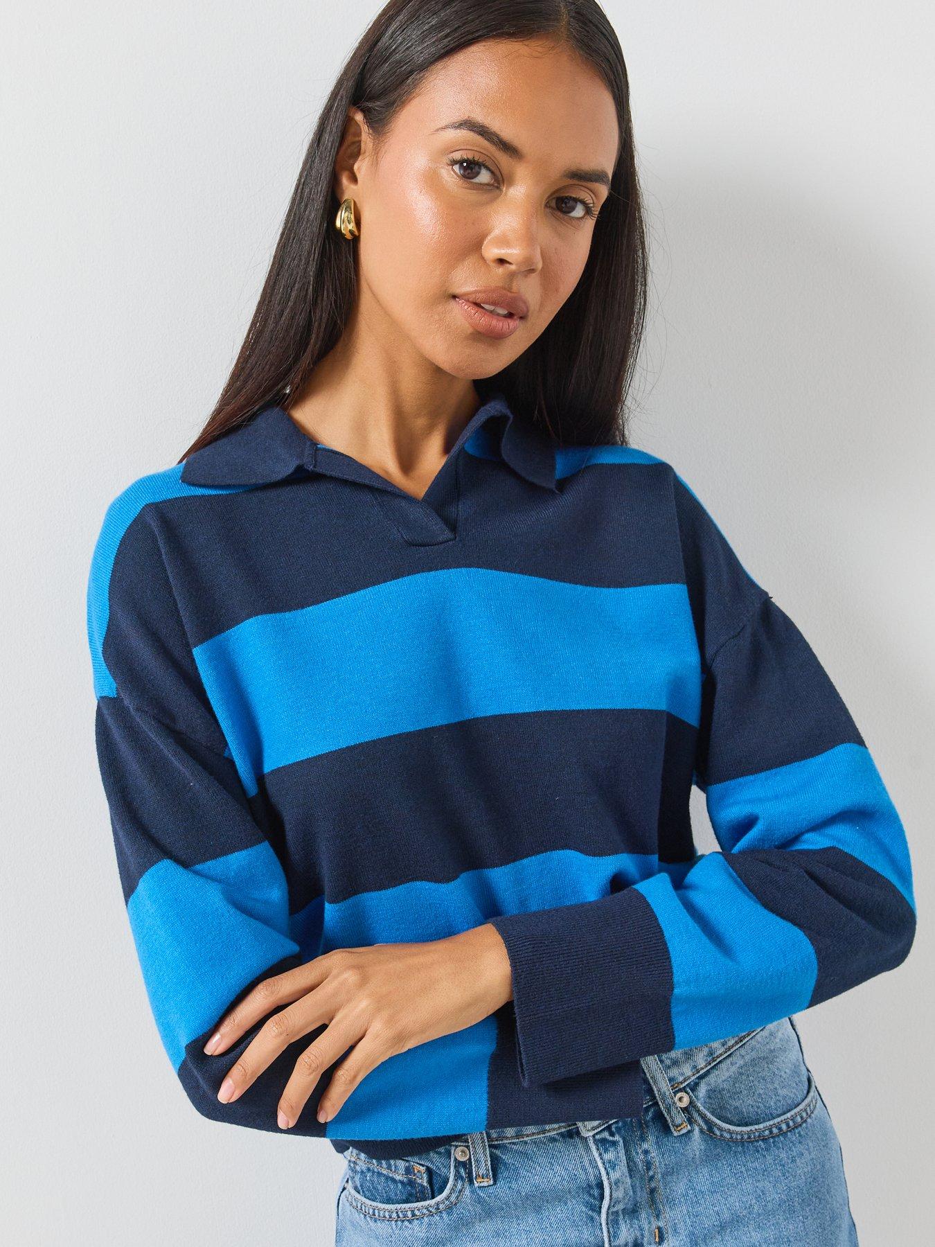 Image 4 of 6 of Mango Striped Polo Neck Sweater - Navy