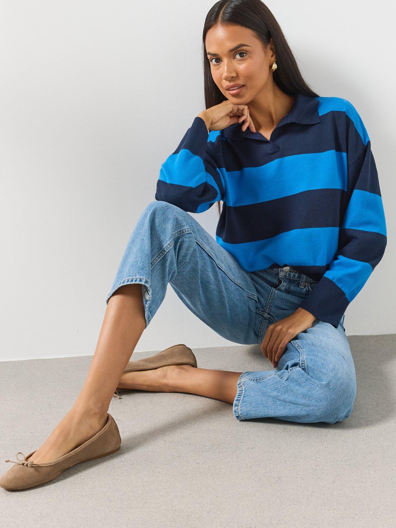 Image 5 of 6 of Mango Striped Polo Neck Sweater - Navy