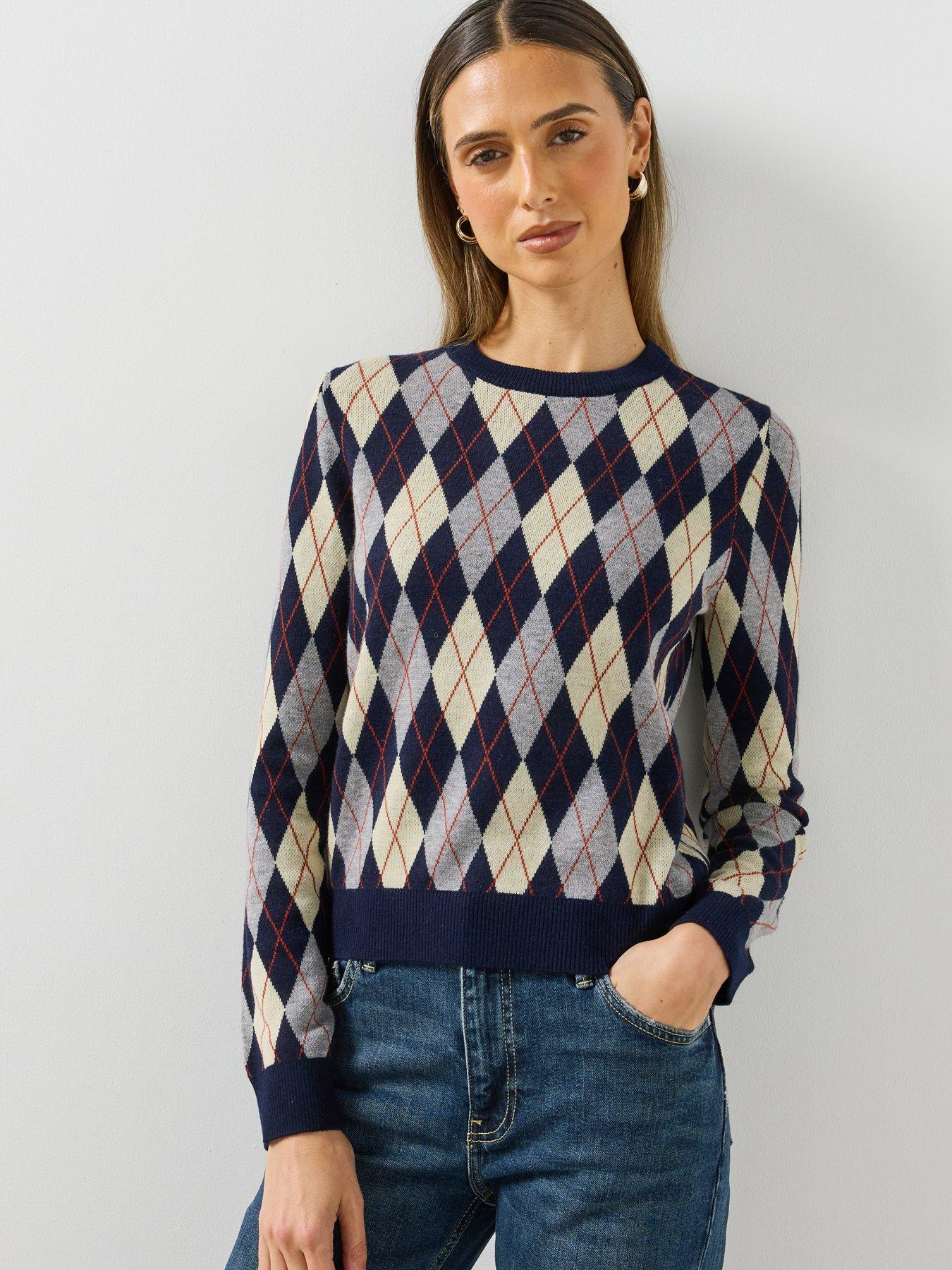 Image 1 of 6 of Mango Womens Argyle Crew Neck Ribbed Hem Jumper - Navy