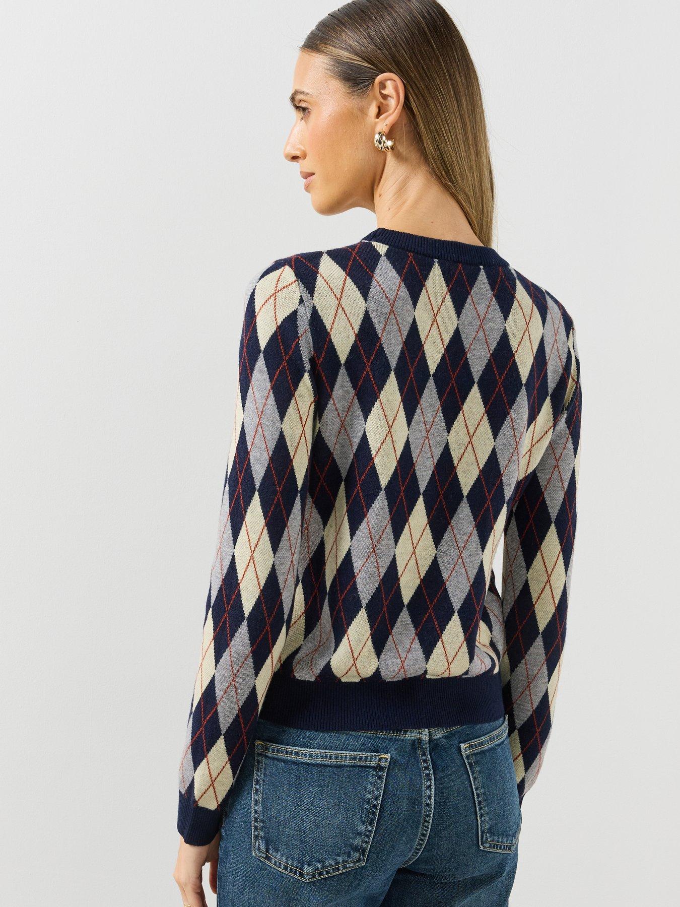 Image 2 of 6 of Mango Womens Argyle Crew Neck Ribbed Hem Jumper - Navy