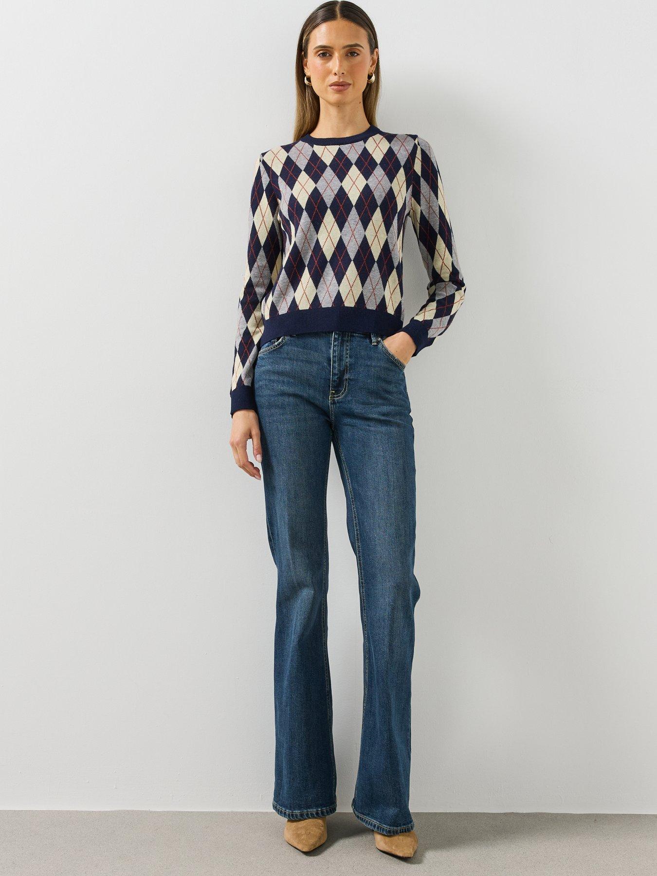 Image 3 of 6 of Mango Womens Argyle Crew Neck Ribbed Hem Jumper - Navy