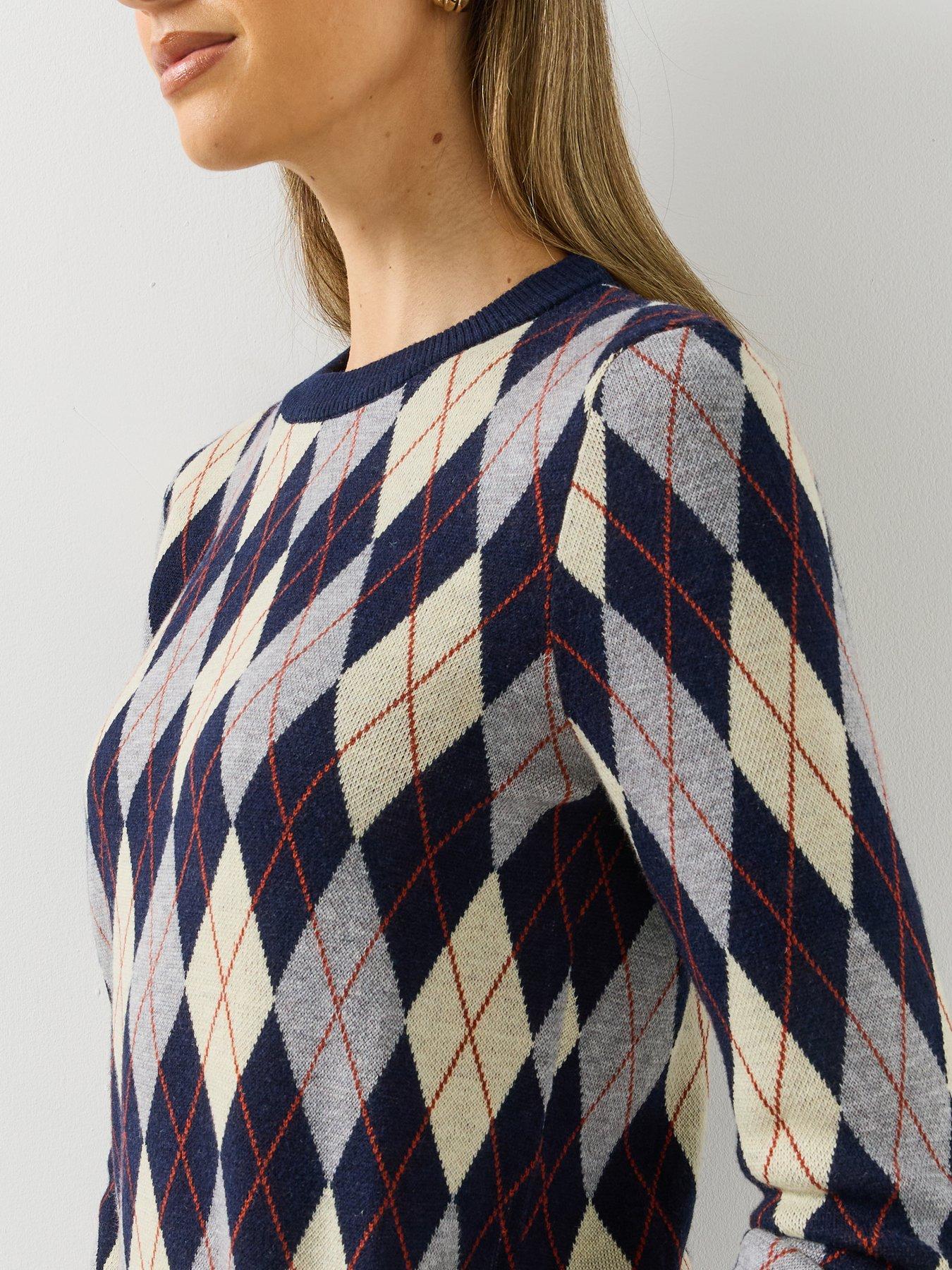 Image 4 of 6 of Mango Womens Argyle Crew Neck Ribbed Hem Jumper - Navy