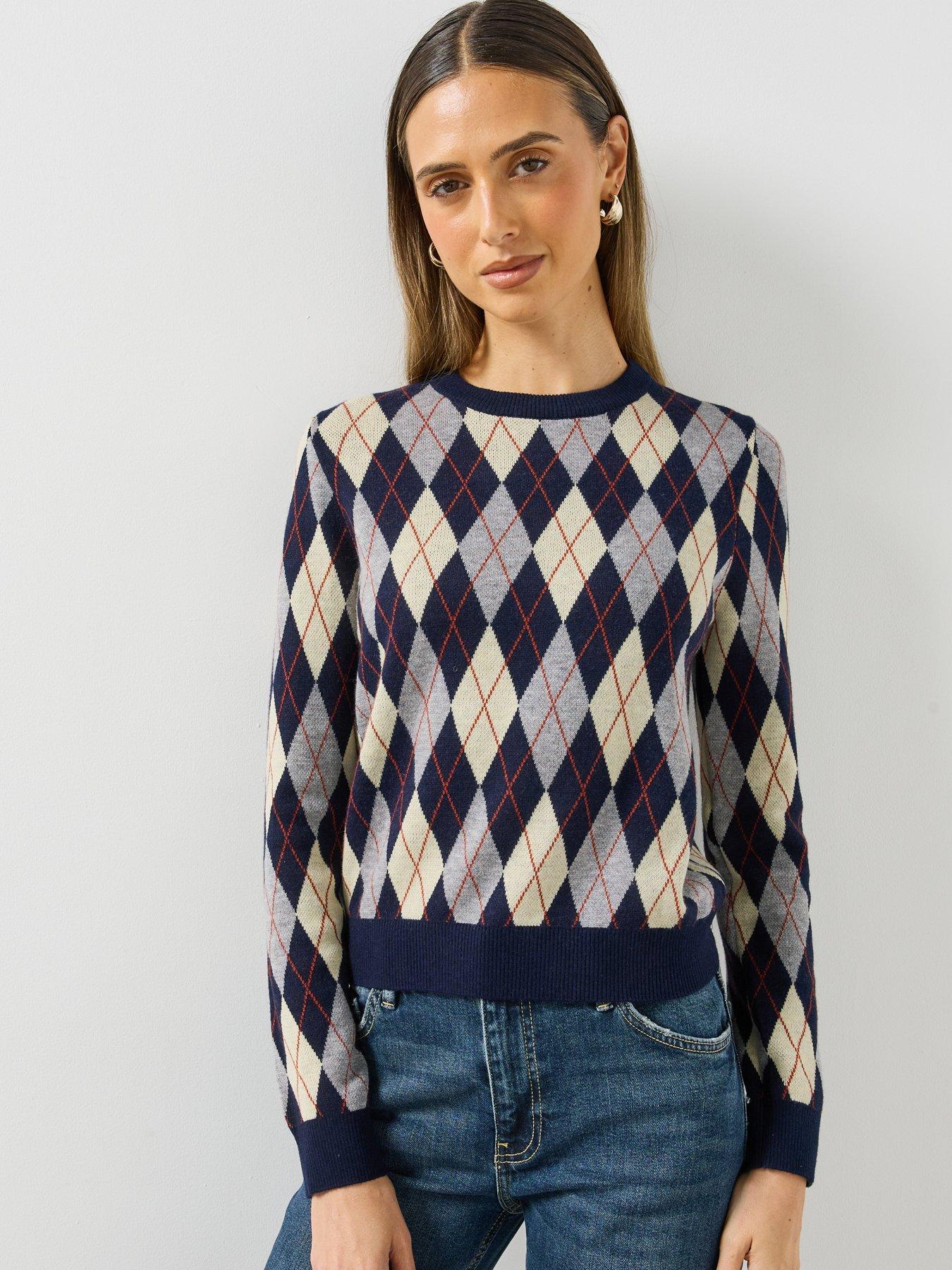 Image 5 of 6 of Mango Womens Argyle Crew Neck Ribbed Hem Jumper - Navy