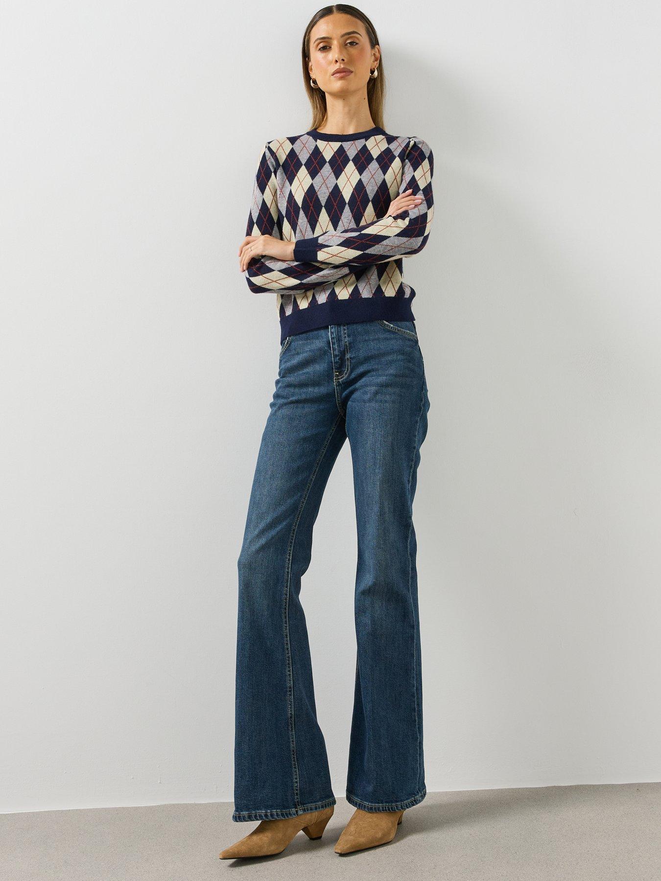 Image 6 of 6 of Mango Womens Argyle Crew Neck Ribbed Hem Jumper - Navy