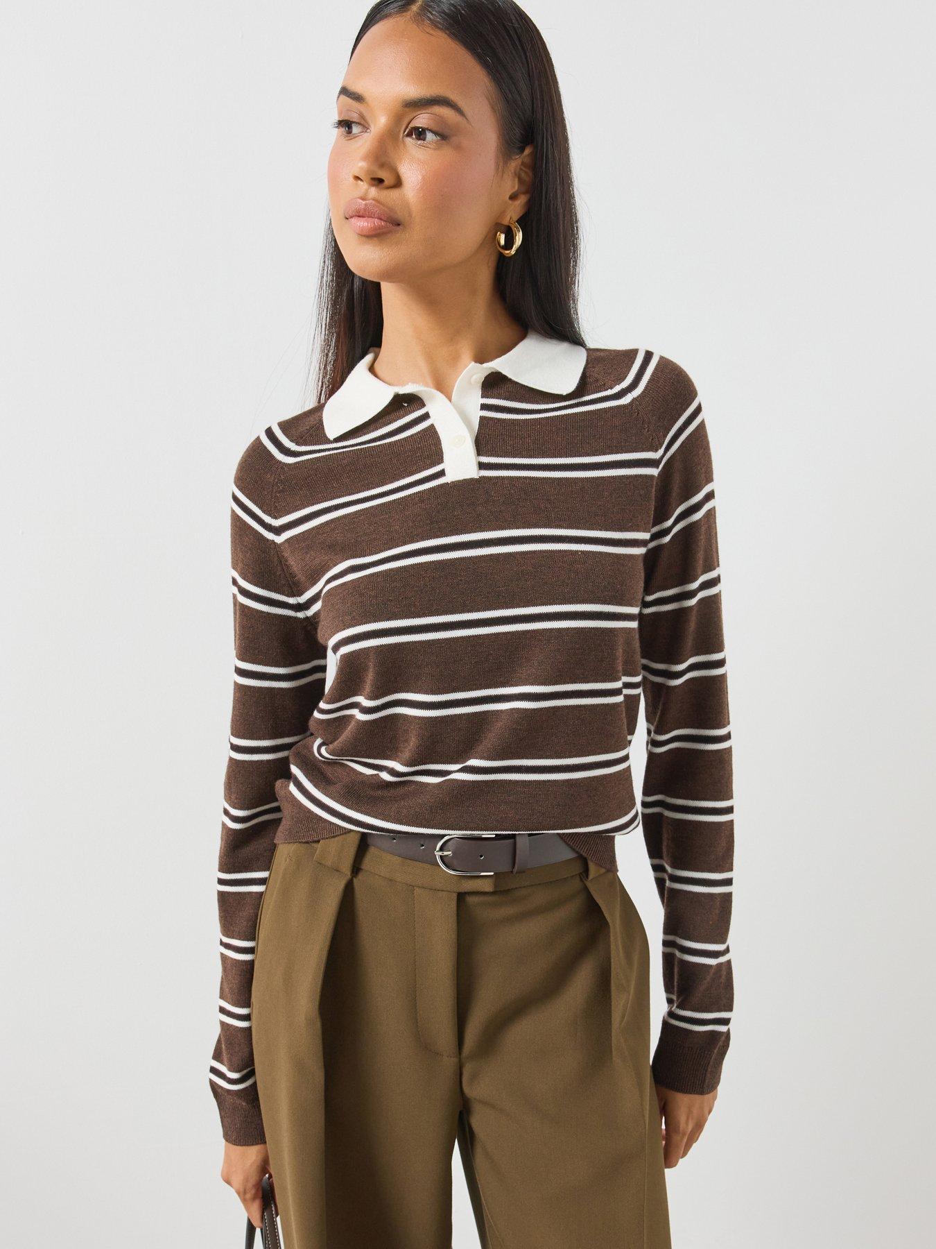 Mango Striped Polo Neck Sweater - Brown