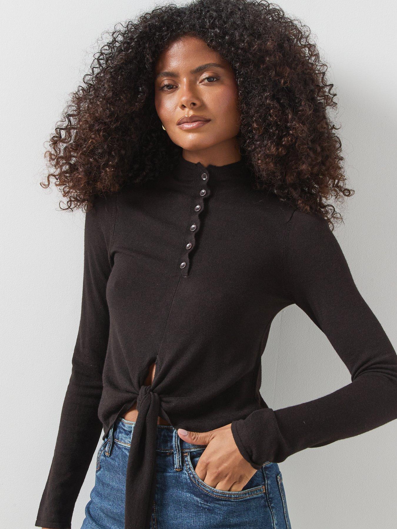 Image 5 of 5 of Mango Womens Perkins Collar Tie Front Button Jumper - Brown