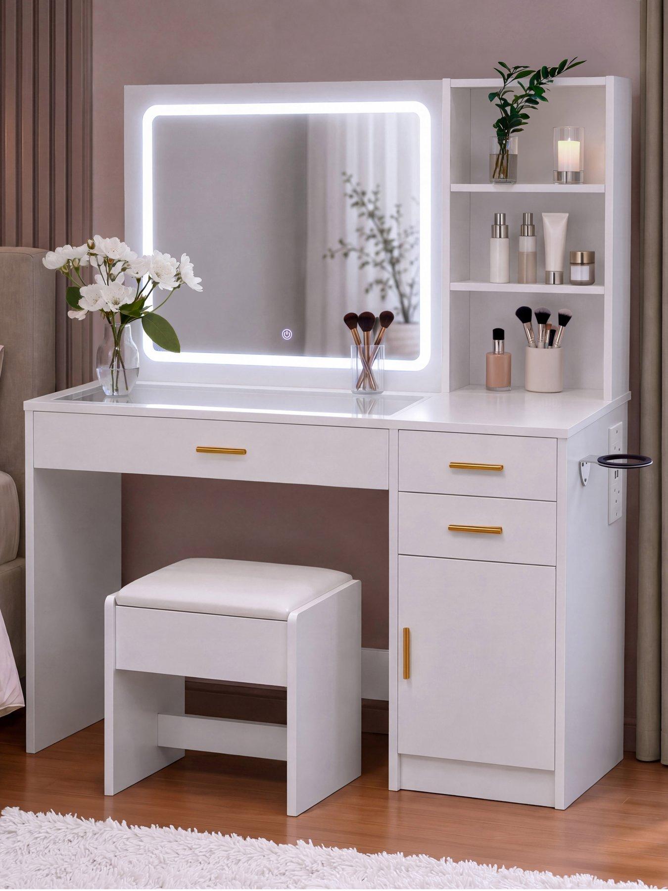 Vida Designs Clova 3 Drawer 1 Door 2 Shelf Led Dressing Table Set With Power Outlet, White
