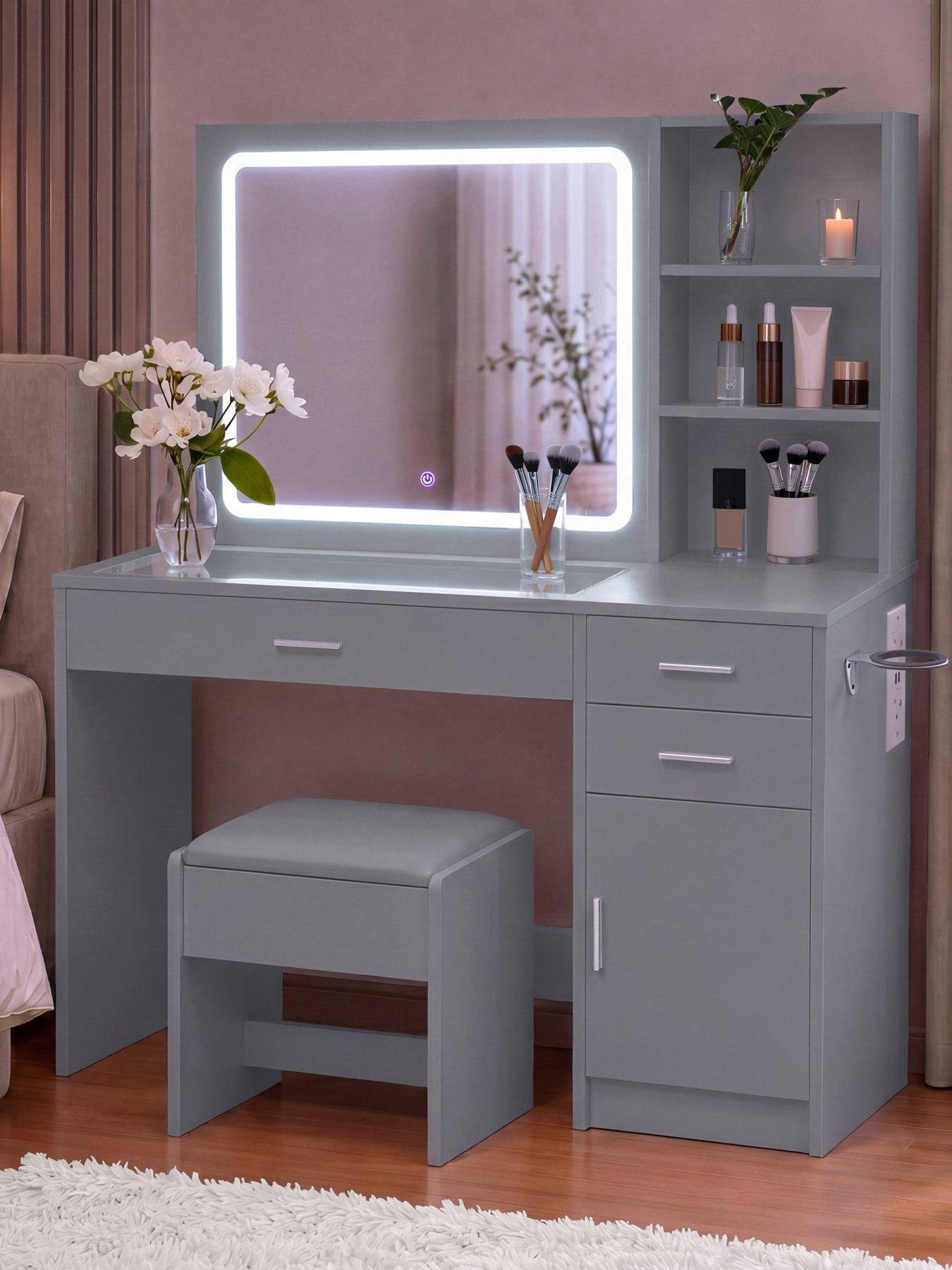 Vida Designs Vida Designs Clova 3 Drawer 1 Door 2 Shelf Led Dressing Table Set With Power Outlet, Grey