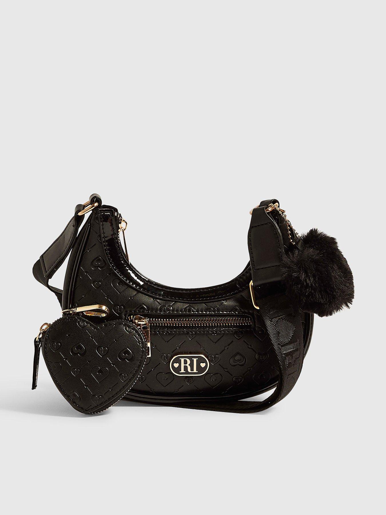 Image 1 of 5 of River Island Girls Monogram Heart Charm Scoop Bag - Black