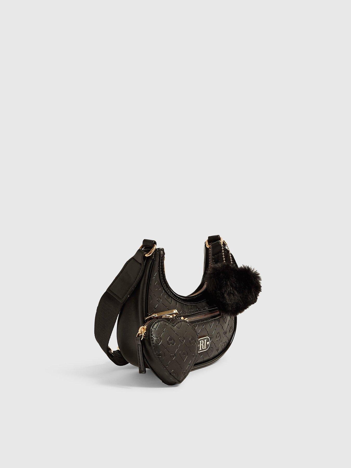Image 2 of 5 of River Island Girls Monogram Heart Charm Scoop Bag - Black