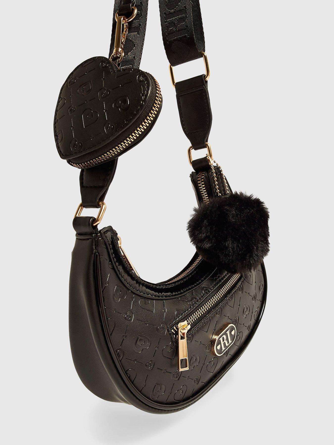 Image 4 of 5 of River Island Girls Monogram Heart Charm Scoop Bag - Black