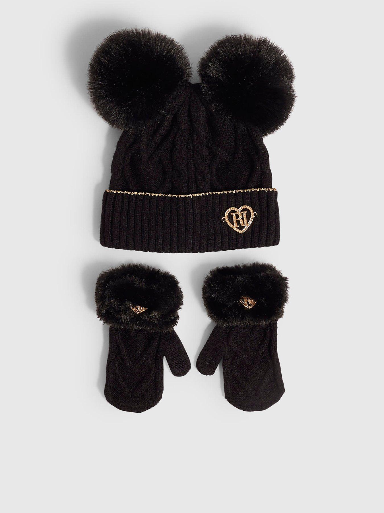 River Island Mini Girls Pom Beanie And Gloves Set - Black
