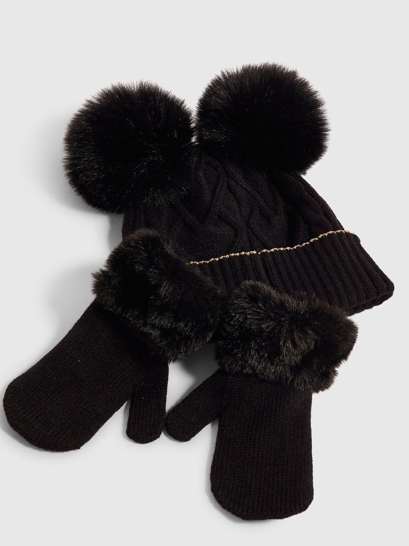 Image 2 of 4 of River Island Mini Girls Pom Beanie And Gloves Set - Black