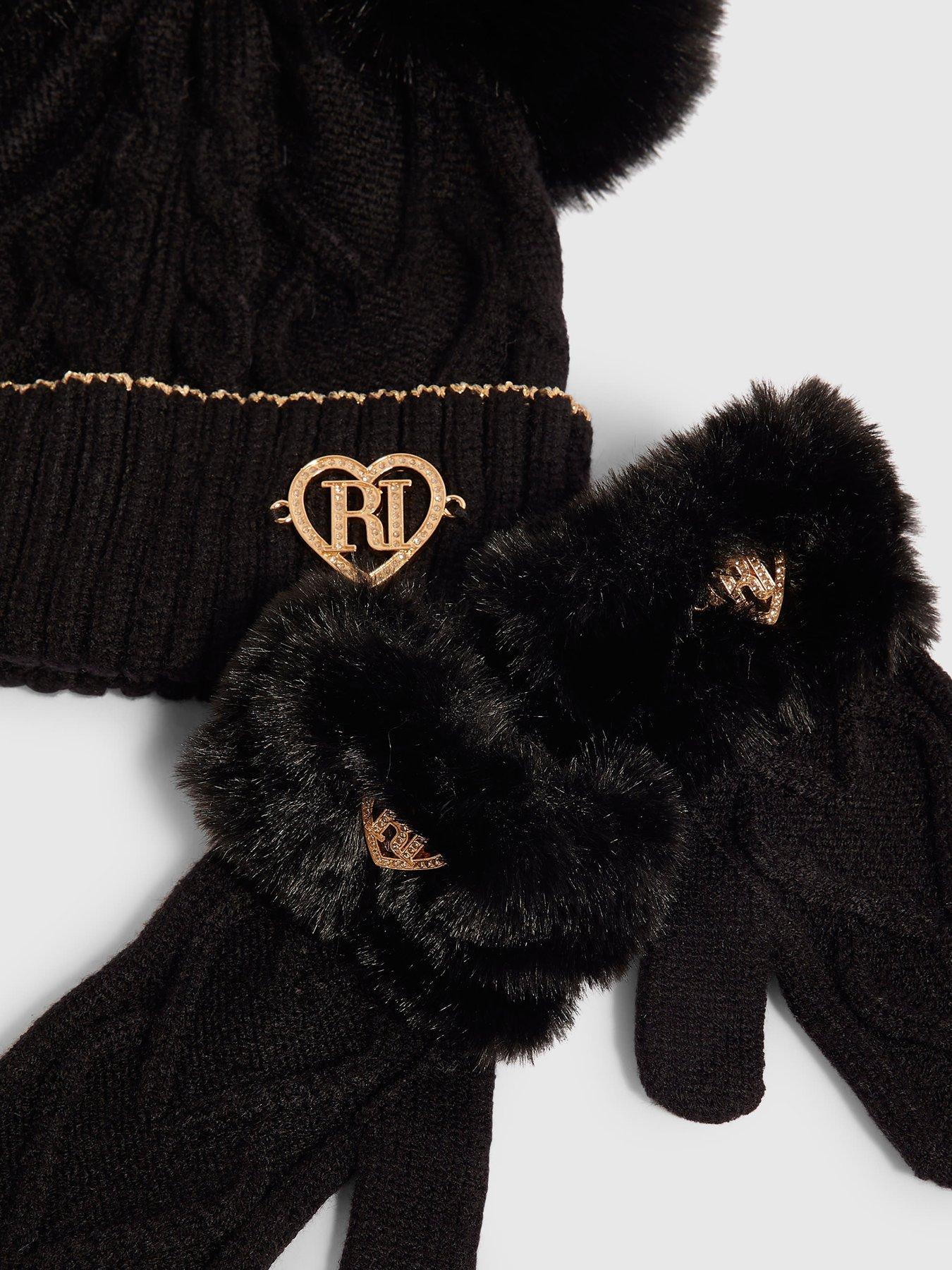 Image 4 of 4 of River Island Mini Girls Pom Beanie And Gloves Set - Black