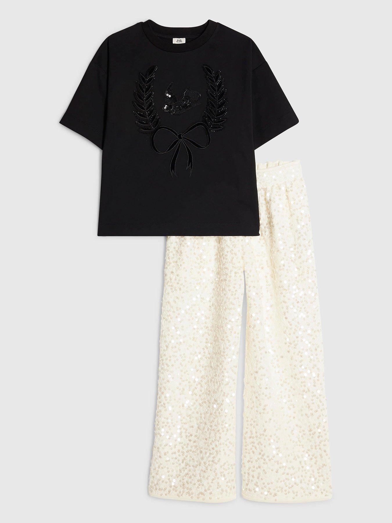 River Island River Island Girls Sequin Embroidered Wide-Leg Top Set - Black