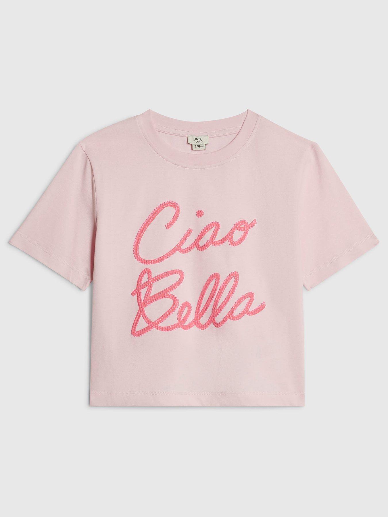 Image 1 of 4 of River Island Girls Ciao Bella Cropped T-Shirt - Pink