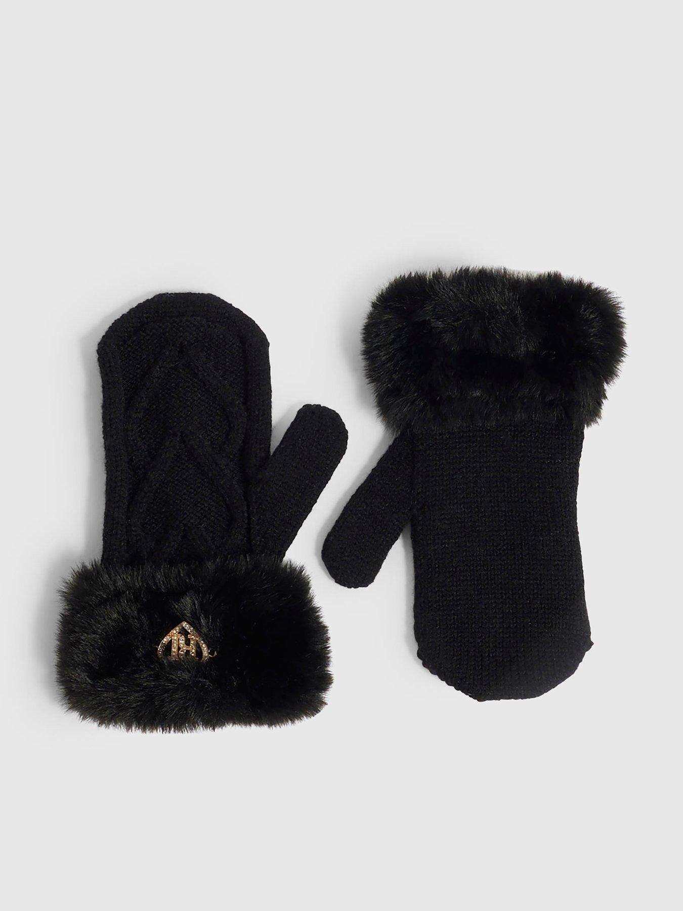 River Island Mini Girls Knitted Faux Fur Mittens - Black