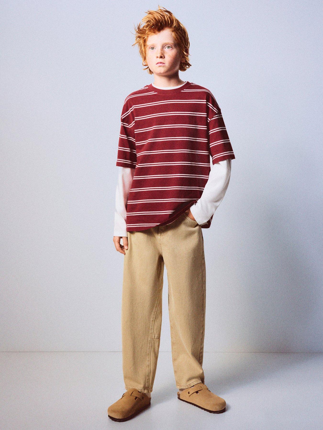 Mango Boys Stripe Ribbed Crew Neck T-Shirt - Dark Red