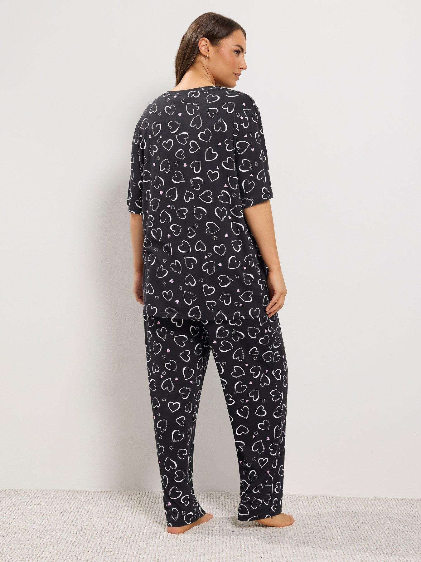 Image 2 of 4 of Yours Womens Curve Soft Touch Heart Print Pyjama Set - Black