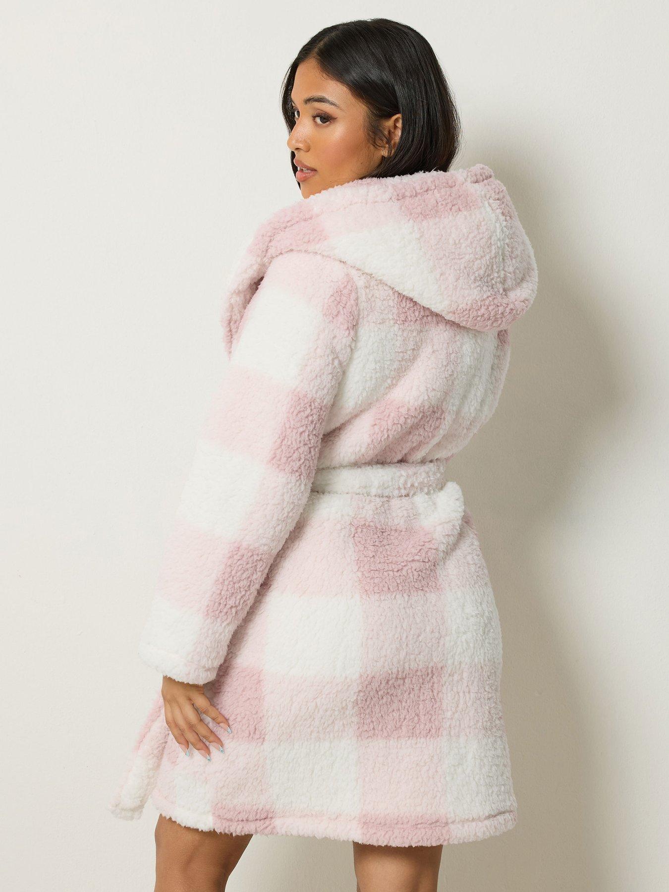 Image 2 of 4 of Yours Womens Petite Check Hooded Tie Waist Dressing Gown - Pink
