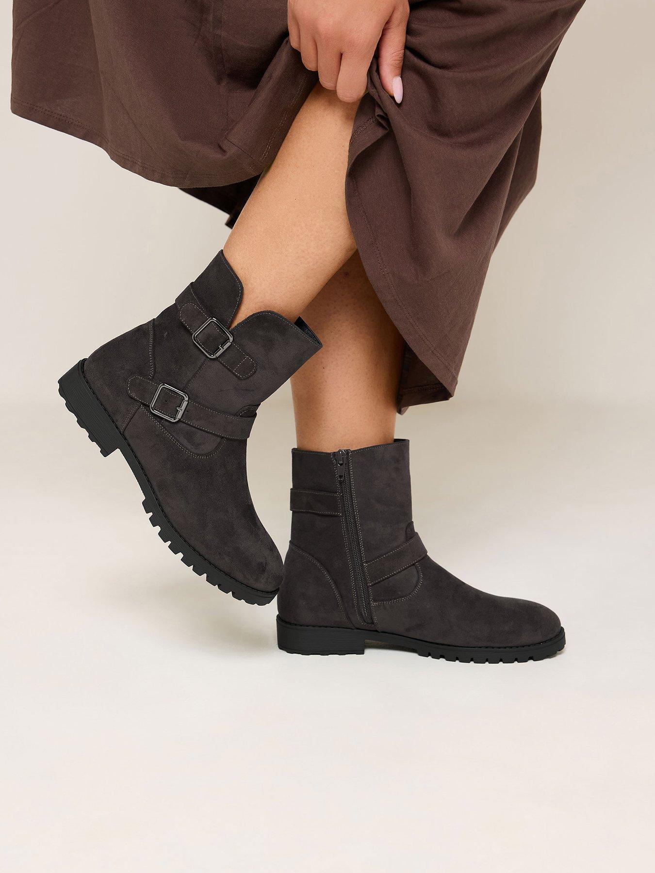 Yours Womens Wide Fit Double Buckle Zip Boots - Brown in Grey