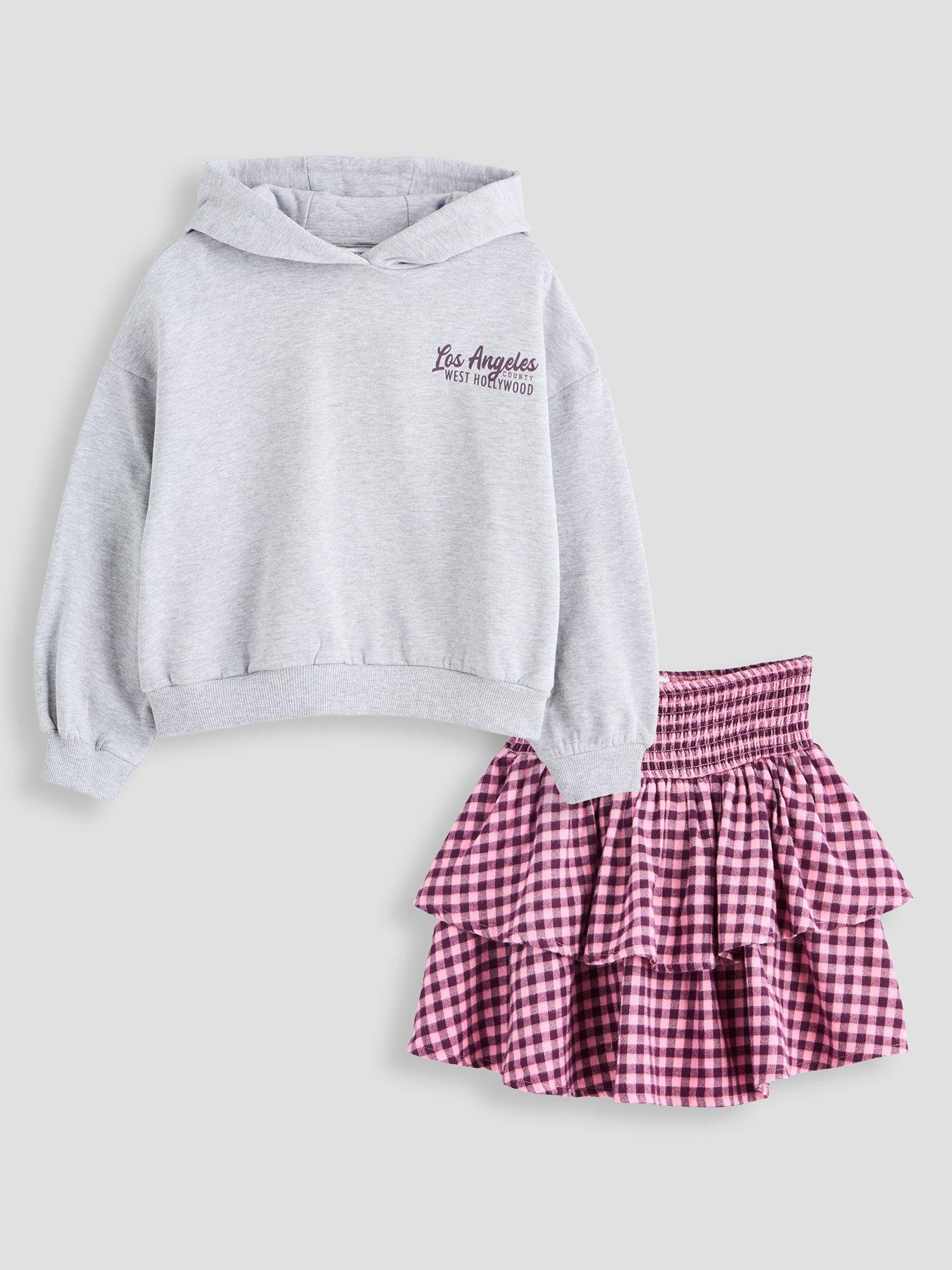 The Very Collection The Very Collection Girls Slogan Hoodie & Tiered Check Skirt Outfit (5 Years - 16 Years) - Grey