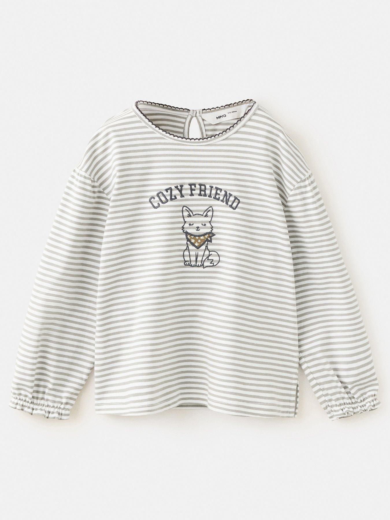 Mango Younger Girls Rabbit Embroidered Striped T-Shirt - Light Cream