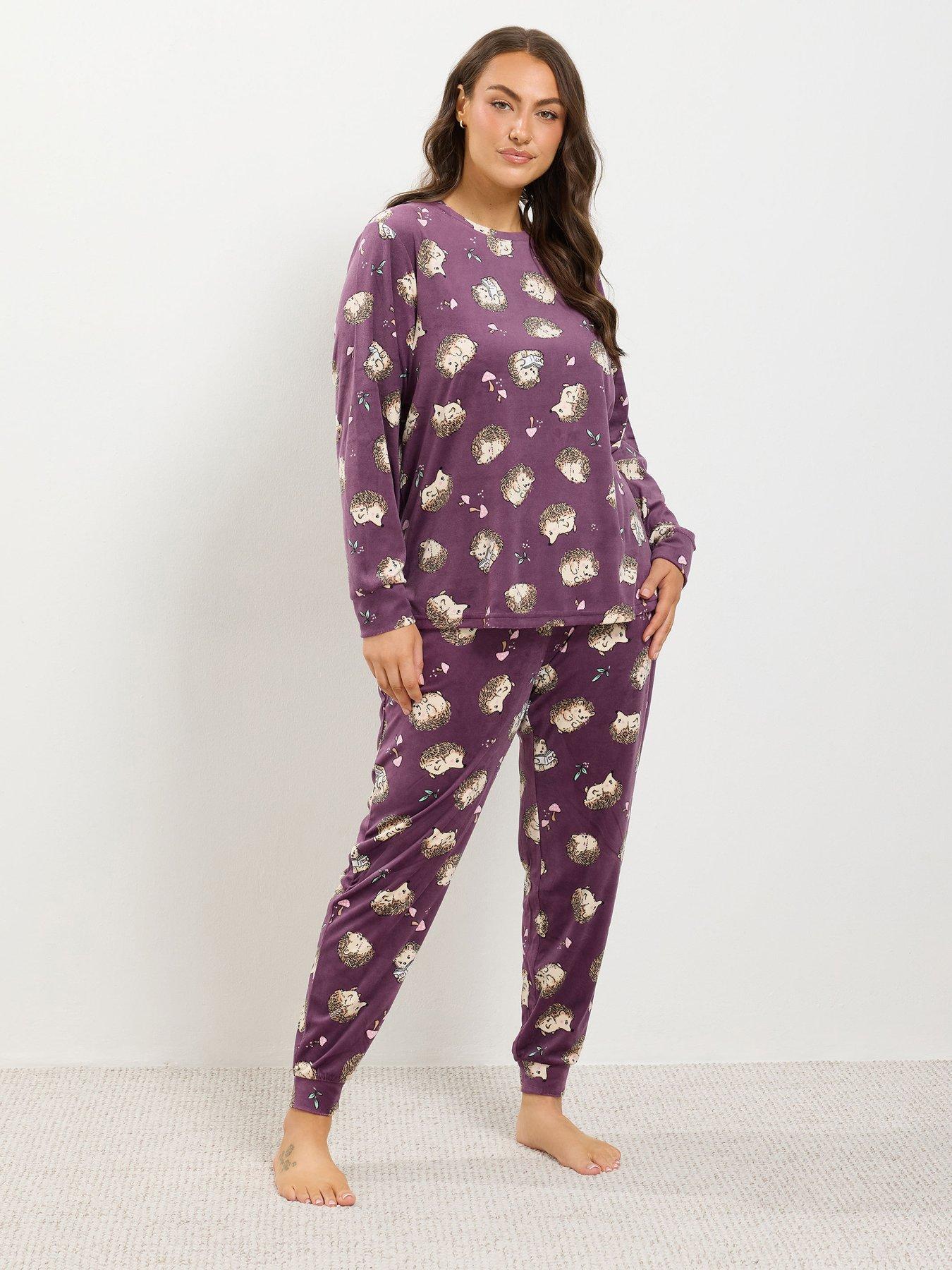 Image 1 of 4 of Yours Womens Curve Soft Jersey Hedgehog Print Pyjama Set - Purple