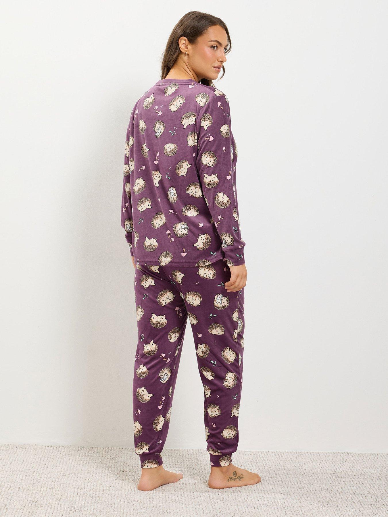 Image 2 of 4 of Yours Womens Curve Soft Jersey Hedgehog Print Pyjama Set - Purple