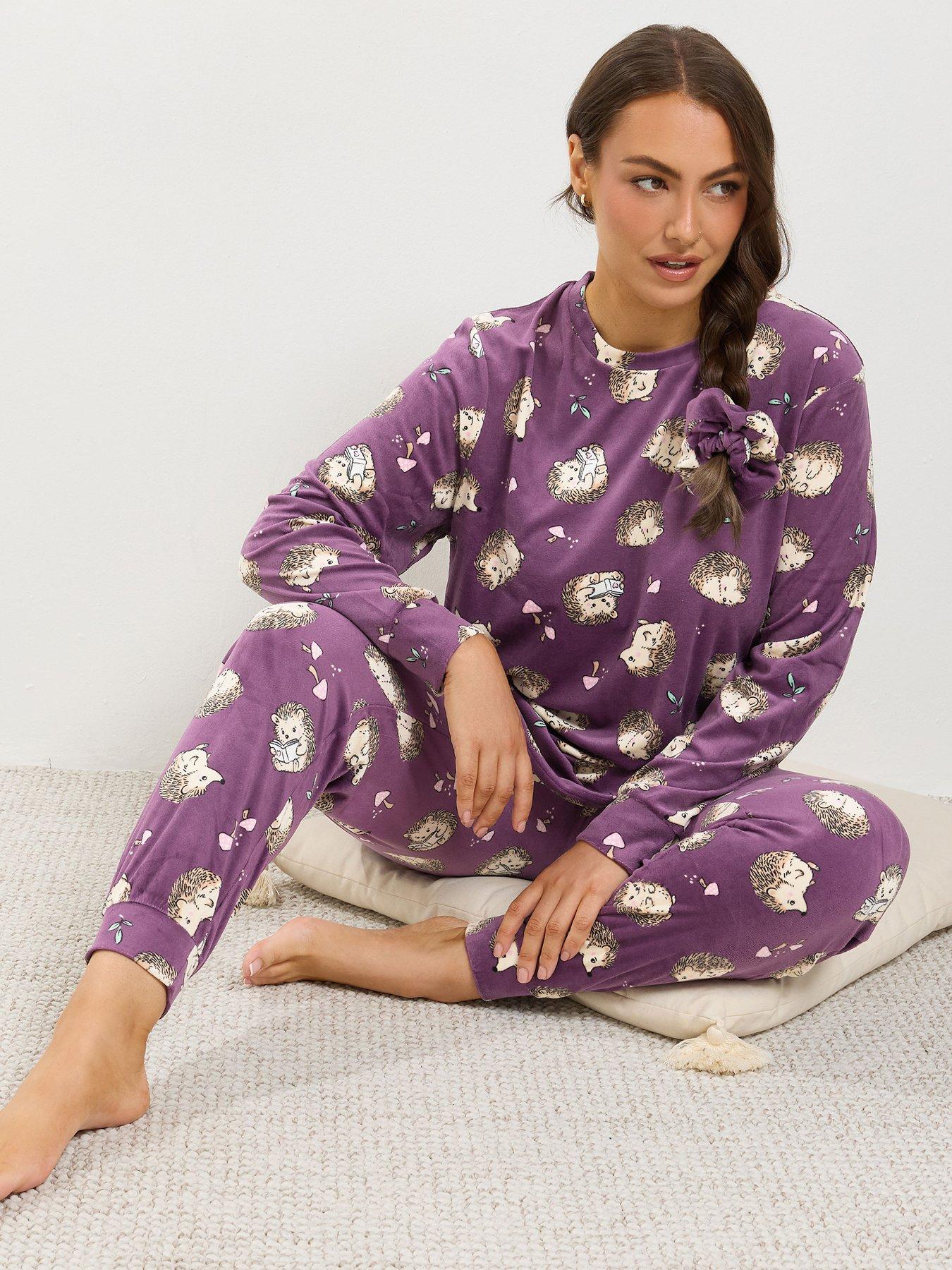 Image 3 of 4 of Yours Womens Curve Soft Jersey Hedgehog Print Pyjama Set - Purple