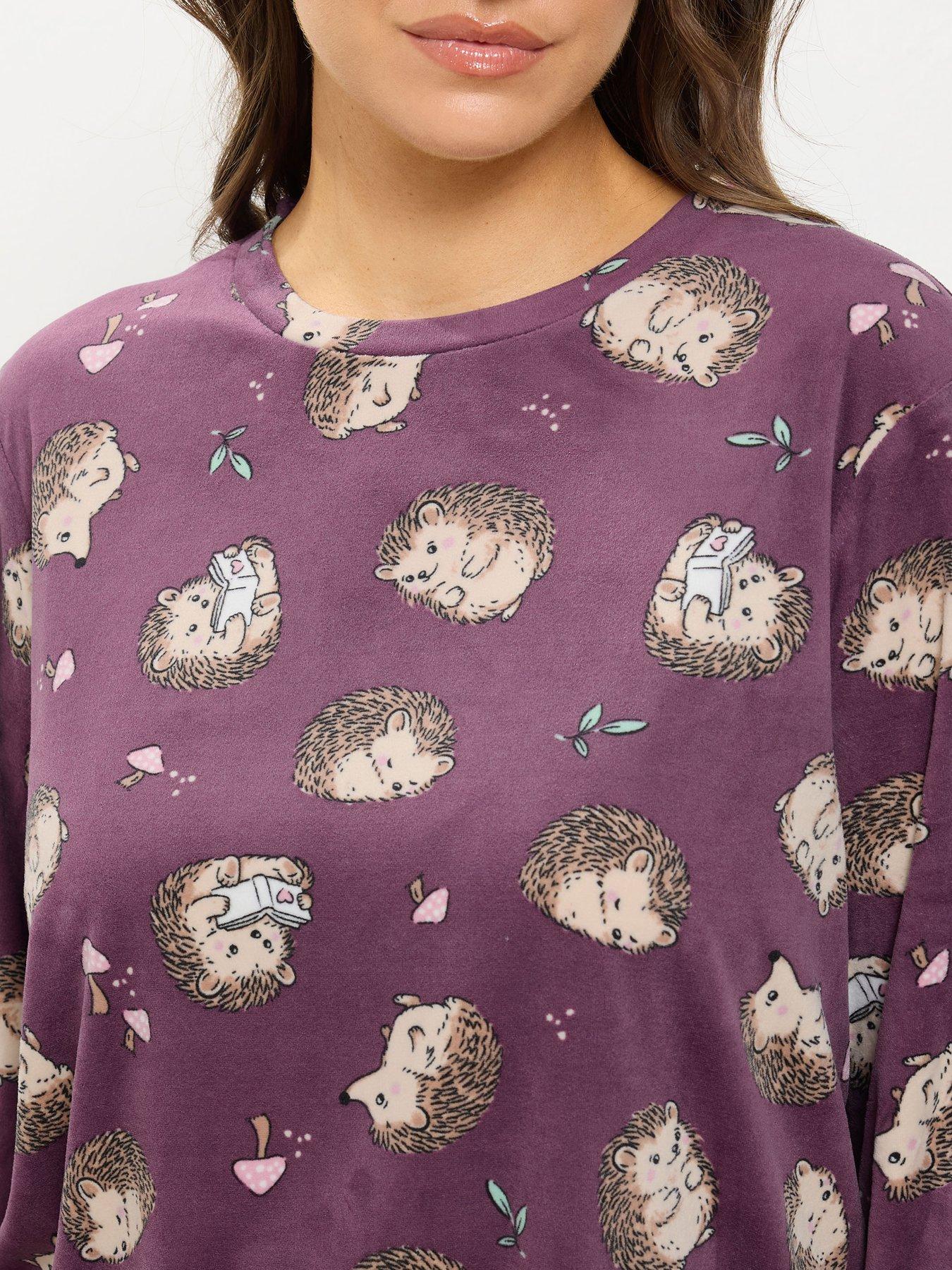 Image 4 of 4 of Yours Womens Curve Soft Jersey Hedgehog Print Pyjama Set - Purple
