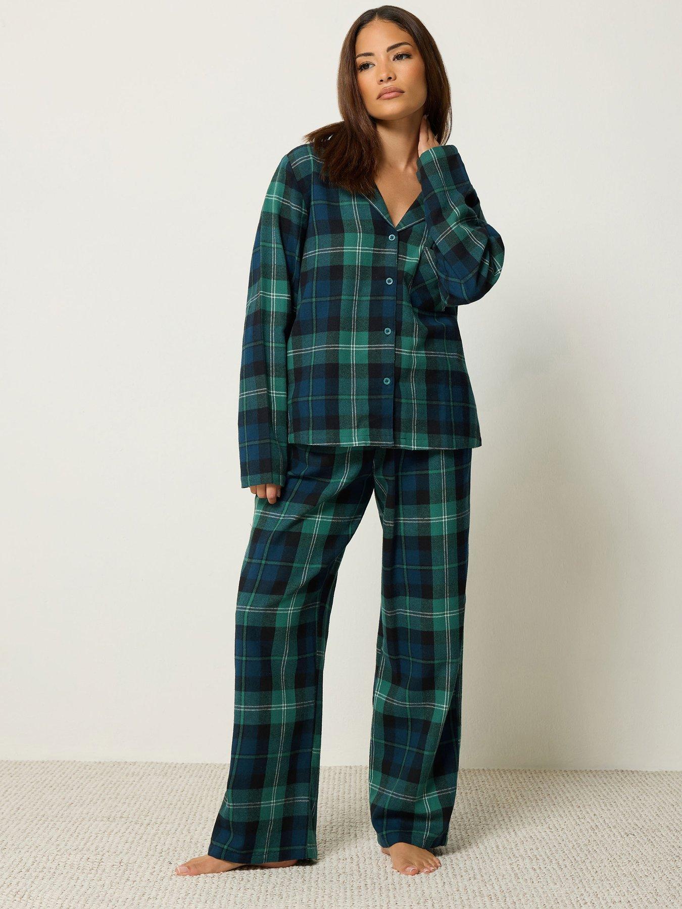 Image 1 of 4 of Yours Womens Petite Brushed Check PJ Set - Green